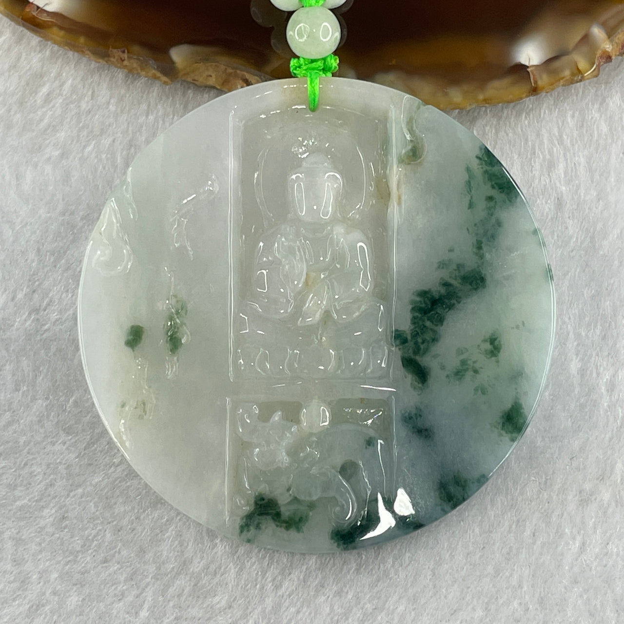 Natural Type A Light Green with Faint Lavender Green Piao Hua Jadeite Buddha Pendant with Light Green Jadeite Beads Necklace 70.41g 60cm 55.3 by 6.6mm