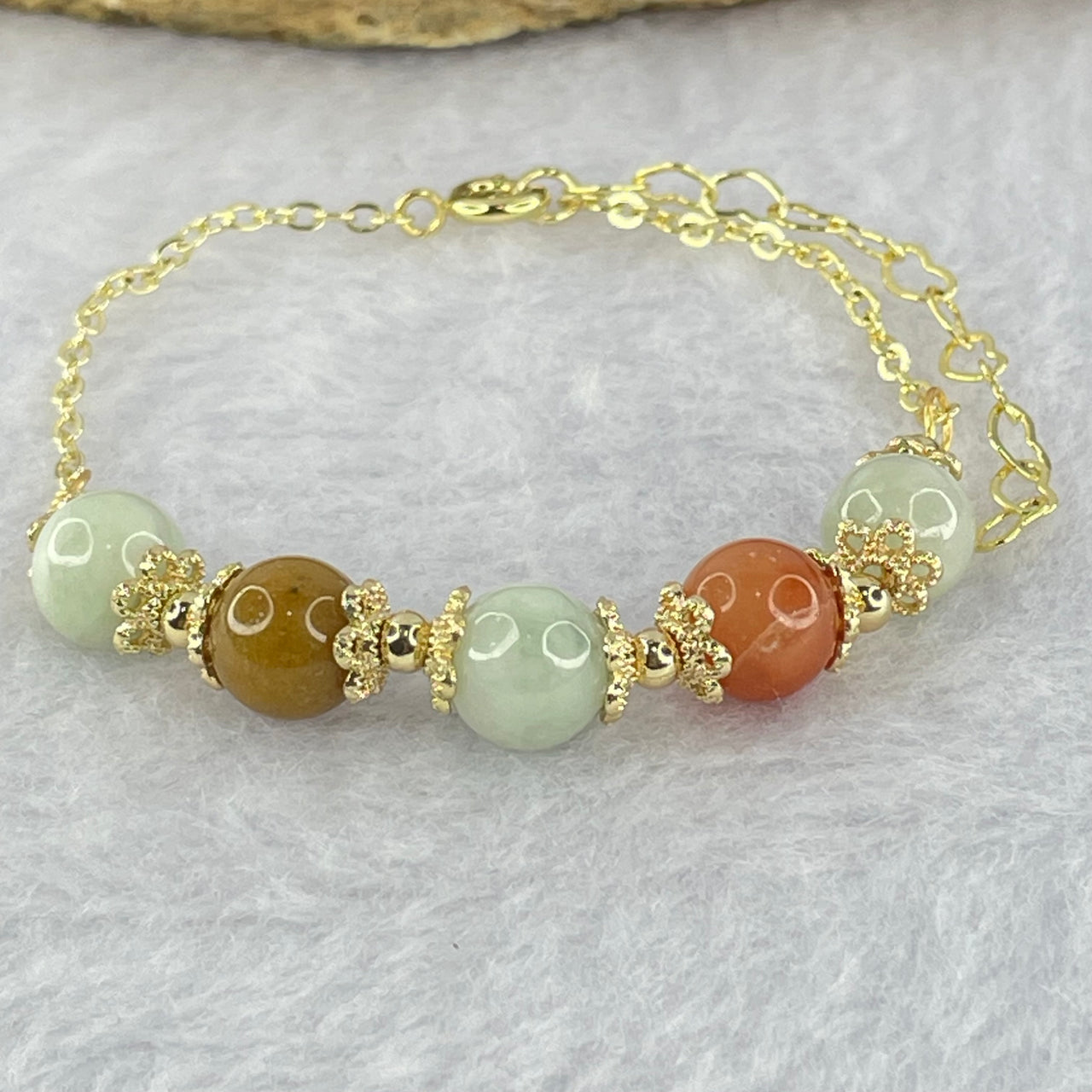 Type A Mixed Color Jadeite Beads Silver Gold Color Bracelet 5.89g 8.1mm 5 Beads - Huangs Jadeite and Jewelry Pte Ltd