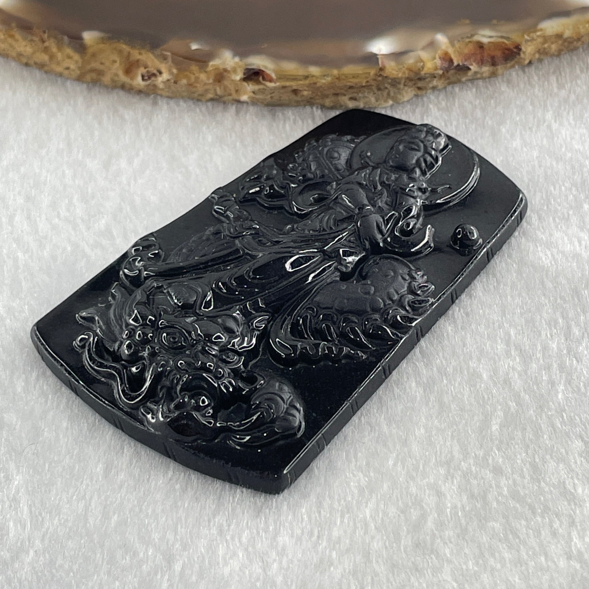 Type A Opaque to Partial Translucent Black Omphacite Jadeite Guan Yin on Dragon Pendant 29.57g 65.5 by 41.0 by 8.5mm - Huangs Jadeite and Jewelry Pte Ltd