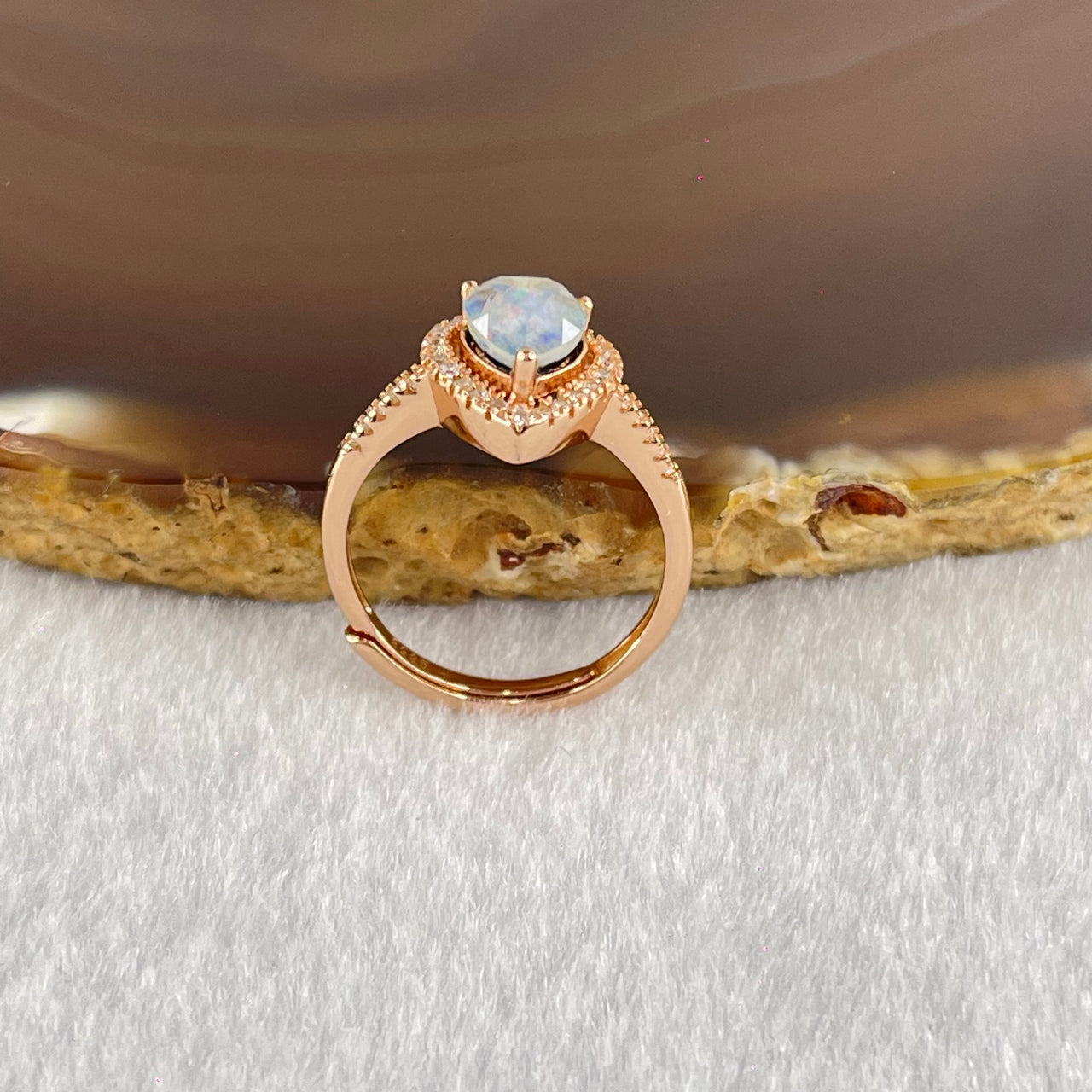 Natural Blue Opal with Crystals In S925 Sliver Rose Gold Color Ring (Adjustable Size) 2.21g 5.1 by 6.2 by 2.5mm - Huangs Jadeite and Jewelry Pte Ltd