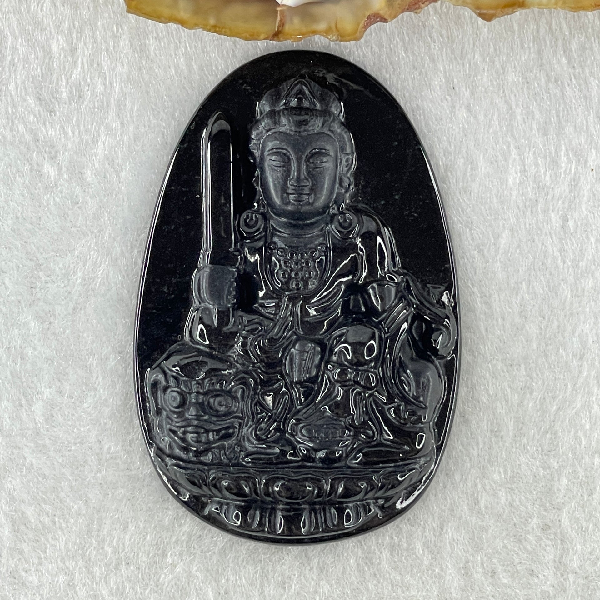 Type A Opaque to Partial Translucent Black Omphacite Jadeite Manjushri Bodhisattva Pendant Rabbit Zodiac Guardian 14.81g 51.0 by 33.8 by 7.8mm - Huangs Jadeite and Jewelry Pte Ltd
