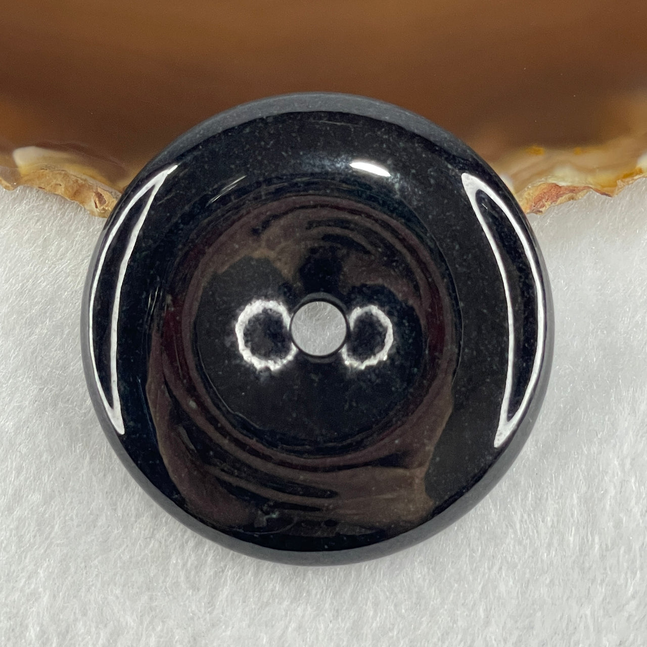 Type A Opaque Black Omphacite Jadeite Ping An Kou Donut Pendant 45.04g 48.3 by 9.2mm