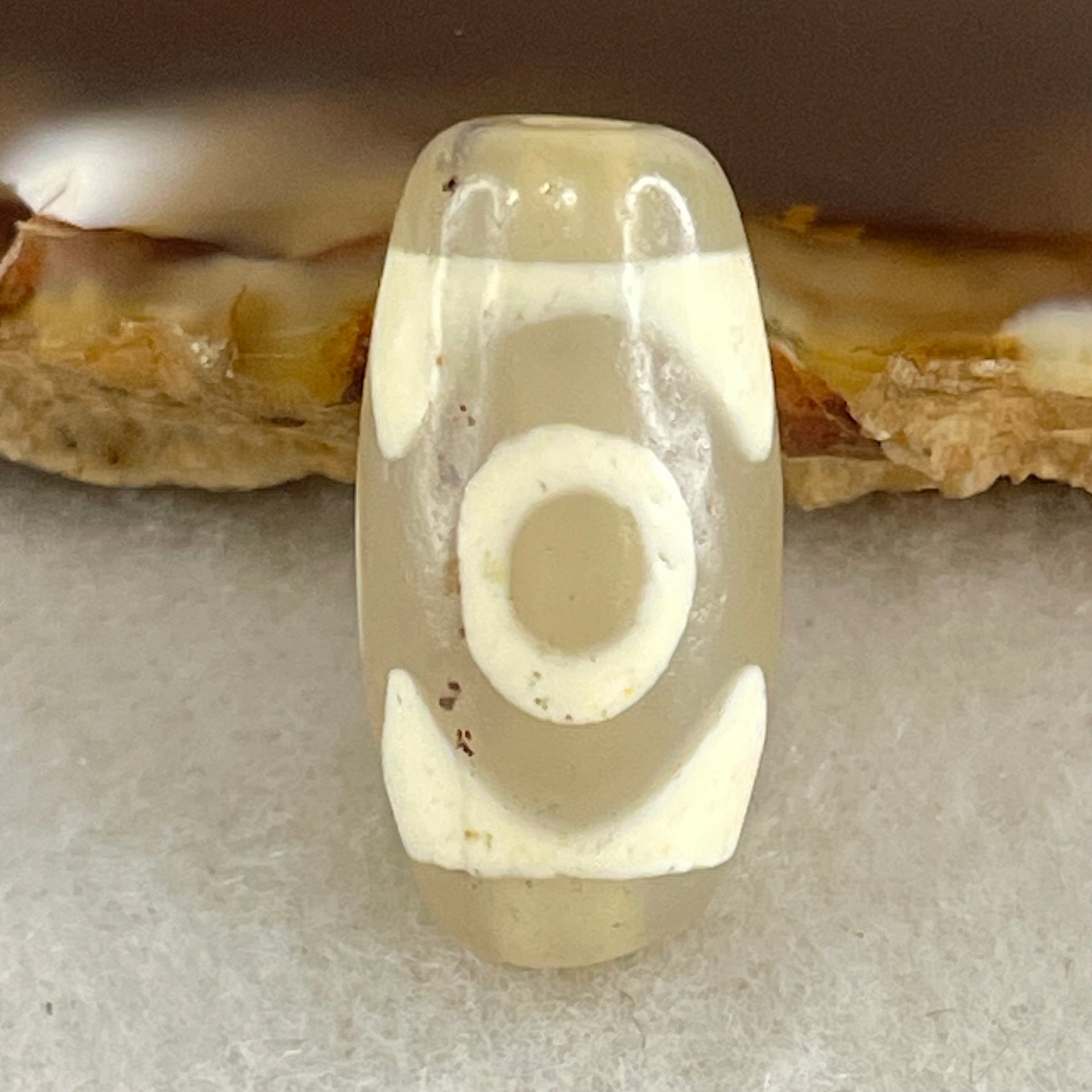 Natural Powerful Tibetan Old Oily Agate 3 Eyes Dzi Bead Heavenly Master (Tian Zhu) 三眼天诛 3.09g 20.2 by 10.2mm - Huangs Jadeite and Jewelry Pte Ltd