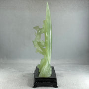 Natural Green Serpentine Twin Cranes on Mountain and Moon with Wooden Stand Display 804.7g H147.0 by B100.0 by H226.0mm - Huangs Jadeite and Jewelry Pte Ltd