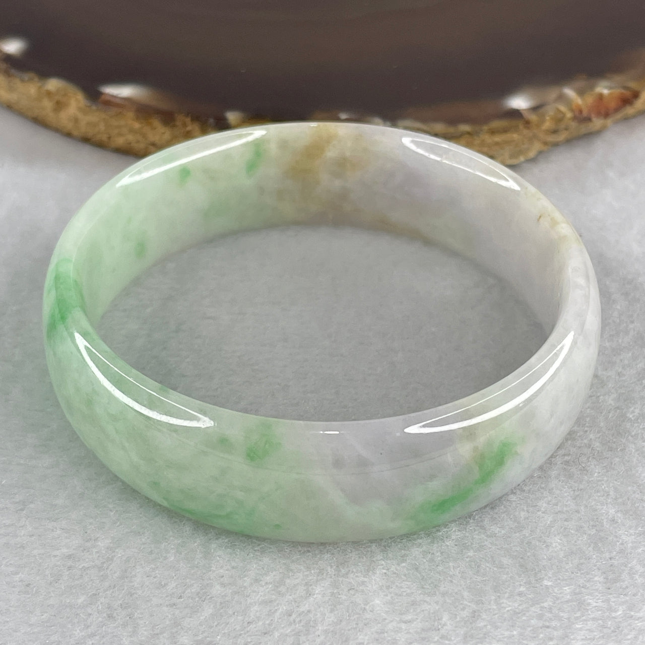 57.1mm Natural Type A Jadeite Bangle: Light to Apple Green Jade with Lavender and Yellow (49.69g) - 17.0x5.8mm Width Genuine Burmese Jadeite (External and Internal Lines)