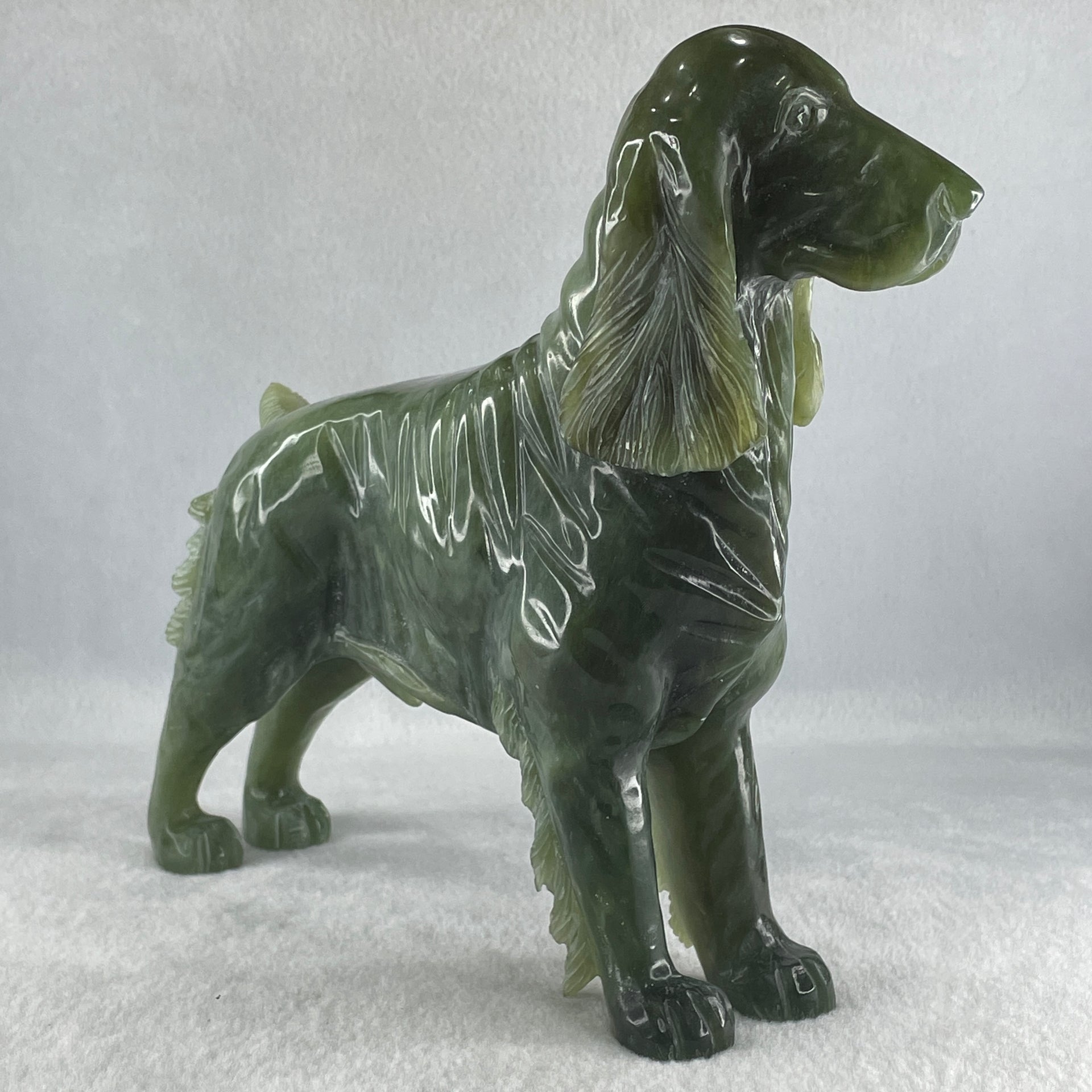 Natural Green with Yellow Serpentine Male Dog with Wooden Stand Feng Shui Display 1,780.3g 220.0 by 82.0 by 220.0mm - Huangs Jadeite and Jewelry Pte Ltd