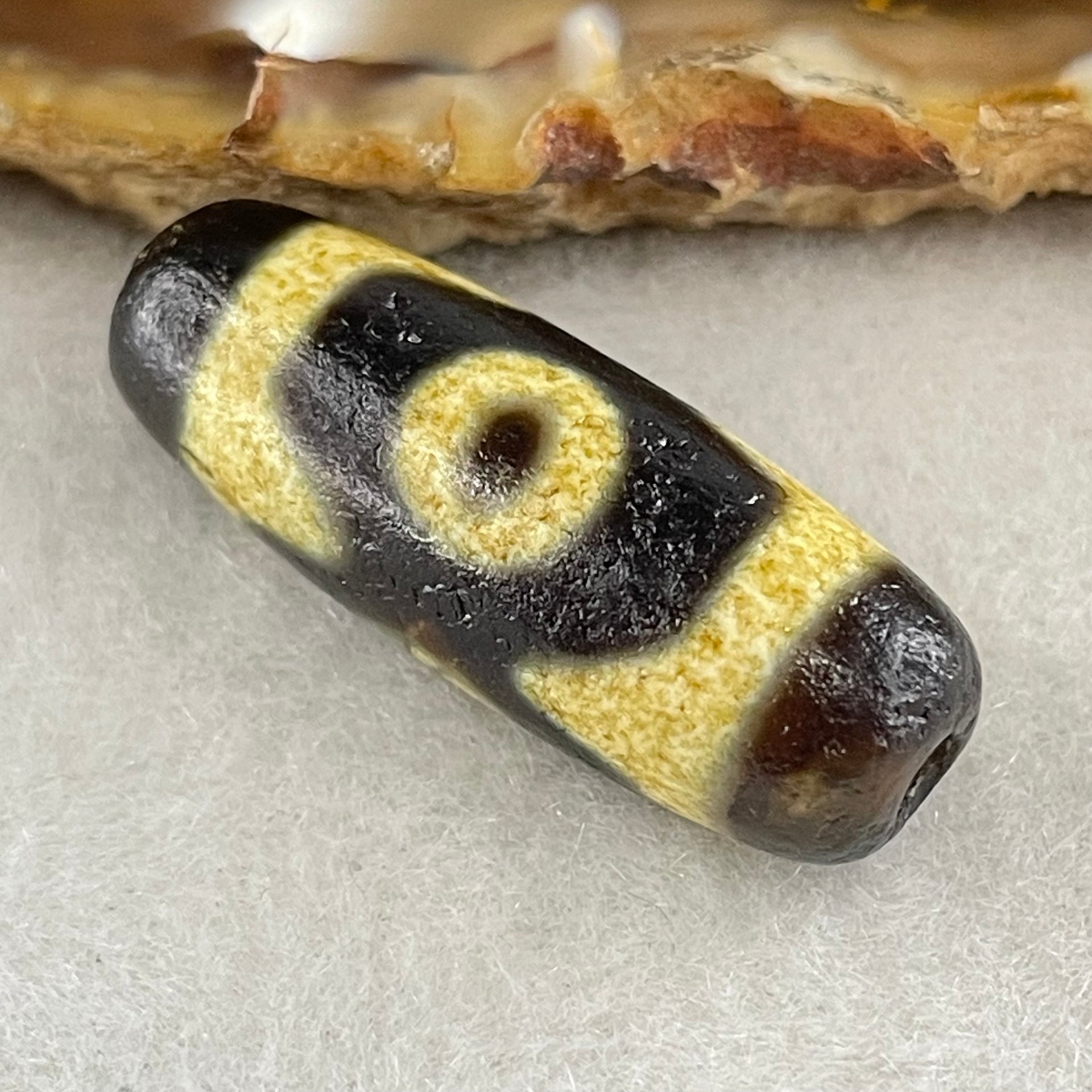 Natural Powerful Tibetan Old Oily Agate 3 Eyes Dzi Bead Heavenly Master (Tian Zhu) 三眼天诛 5.07g 28.8 by 10.8mm - Huangs Jadeite and Jewelry Pte Ltd