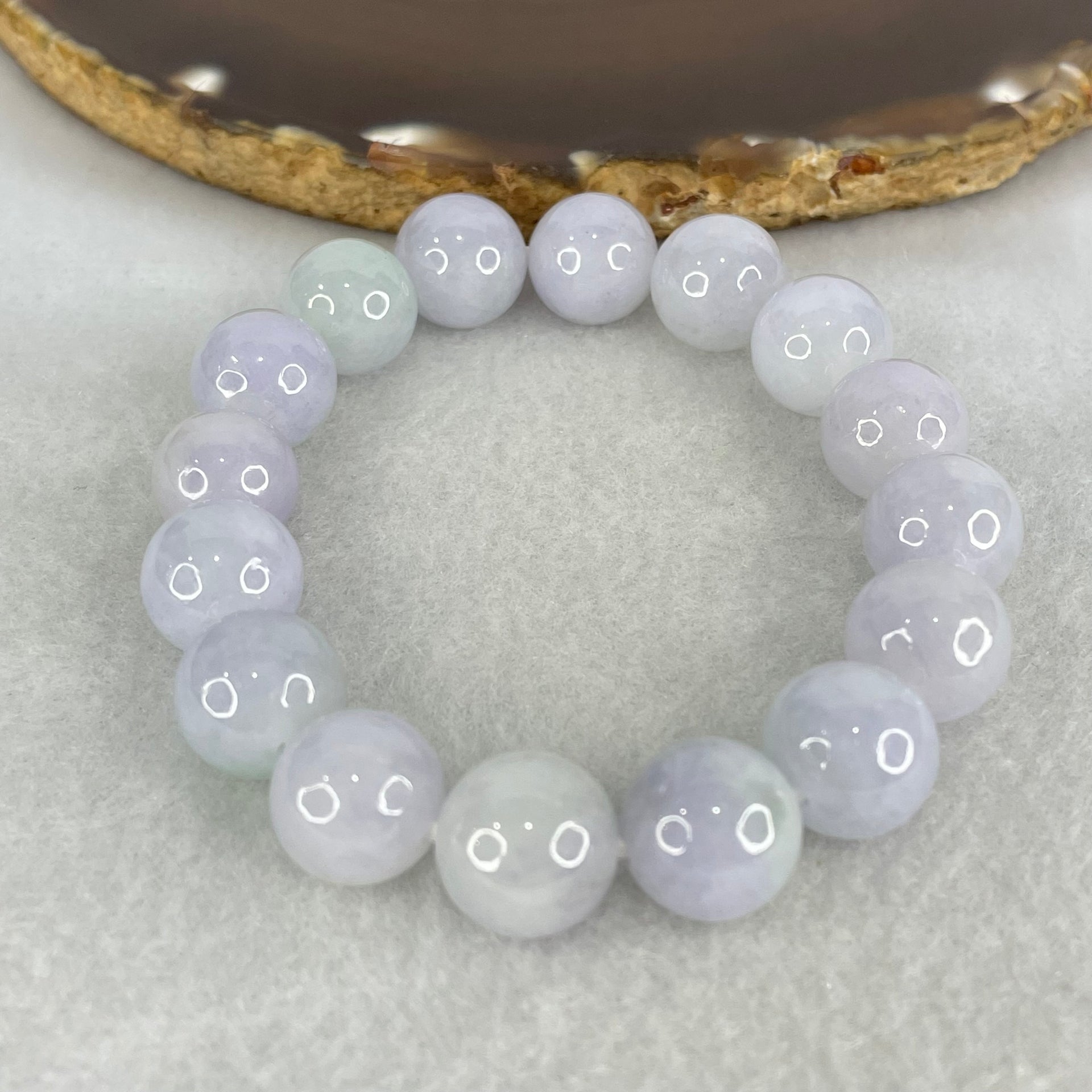 Good Grade Type A Lavender with Green Piao Hua  Jadeite Beads Bracelet 45.92g 16cm by 12.1mm by 16 Beads - Huangs Jadeite and Jewelry Pte Ltd