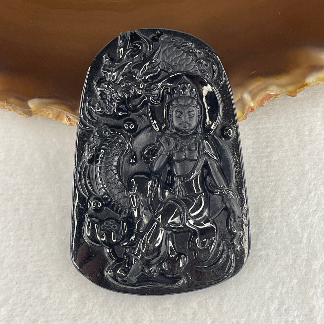 Protection, Peace and Compassion - Certified Natural Type A Black Omphacite Jadeite Seated Guan Yin with Dragon Pendant 25.48g 61.8 by 41.5 by 8.6mm