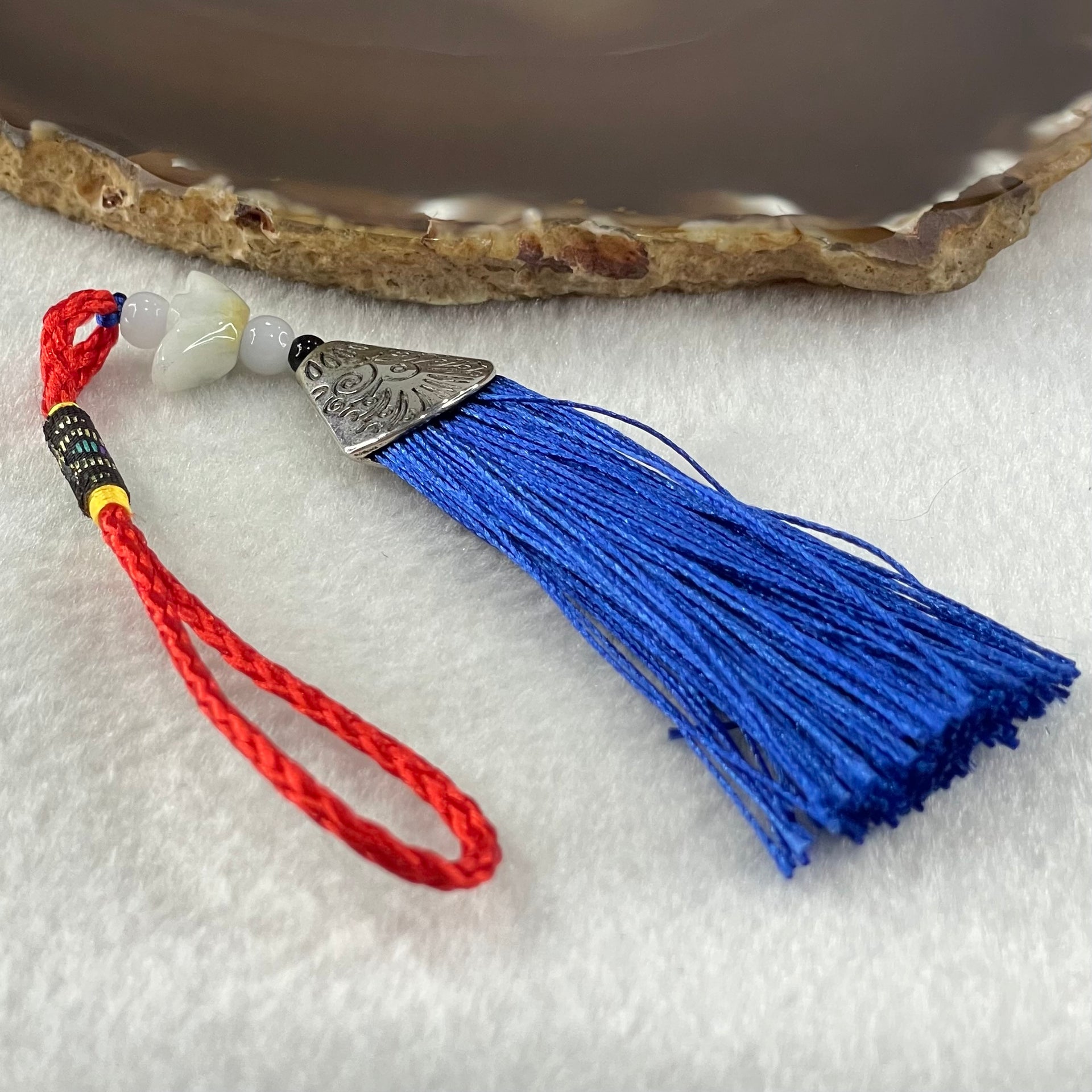 Type A Light Lavender Yellow Jadeite Yuan Bao Ingot in Red Blue String Display 4.75g 7.1 by 17.3 by 6.7mm - Huangs Jadeite and Jewelry Pte Ltd