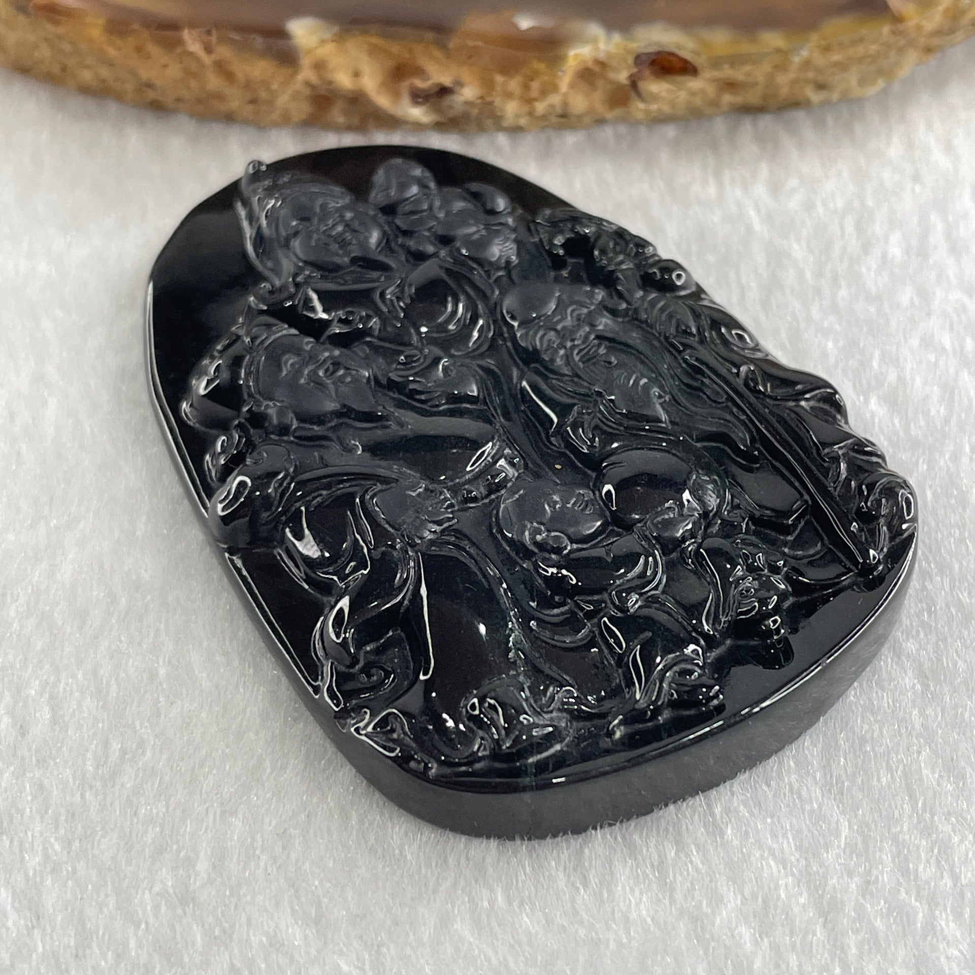 Type A Opaque to Partial Translucent Black Omphacite Jadeite Fu Lu Shou Pendant 29.69g 59.6 by 40.3 by 7.6mm - Huangs Jadeite and Jewelry Pte Ltd