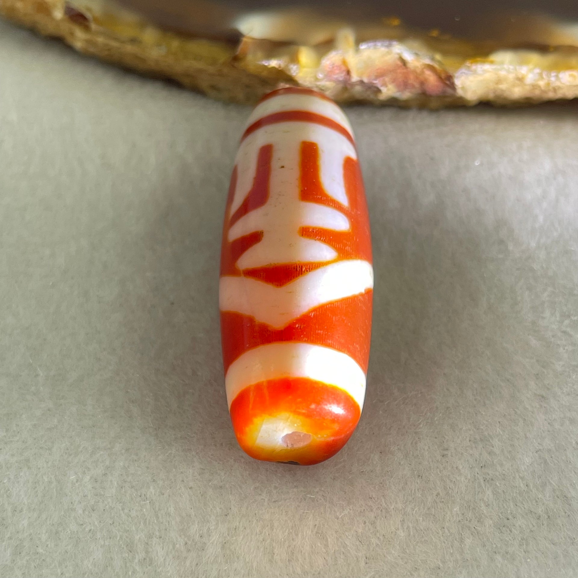 Natural Powerful Tibetan Old Oily Red White Agate One Eye Gold Metal Element Dzi Bead Heavenly Master (Tian Zhu) 一眼金天珠 11.08g 37.6 by 13.6mm - Huangs Jadeite and Jewelry Pte Ltd