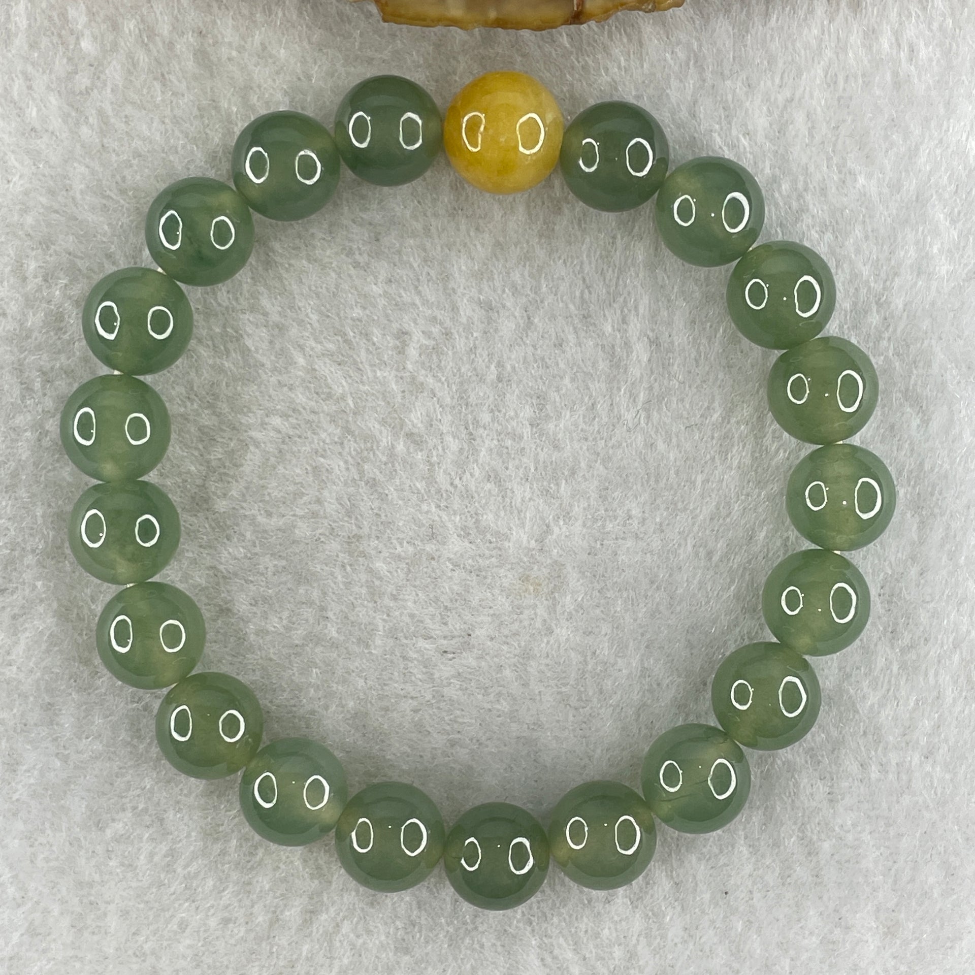Tye A Natural Jelly Semi Icy Green with Yellow Jadeite Beads Bracelet 24.58g 15cm 88.8mm 20 Beads 9.8mm-yellow bead - Huangs Jadeite and Jewelry Pte Ltd