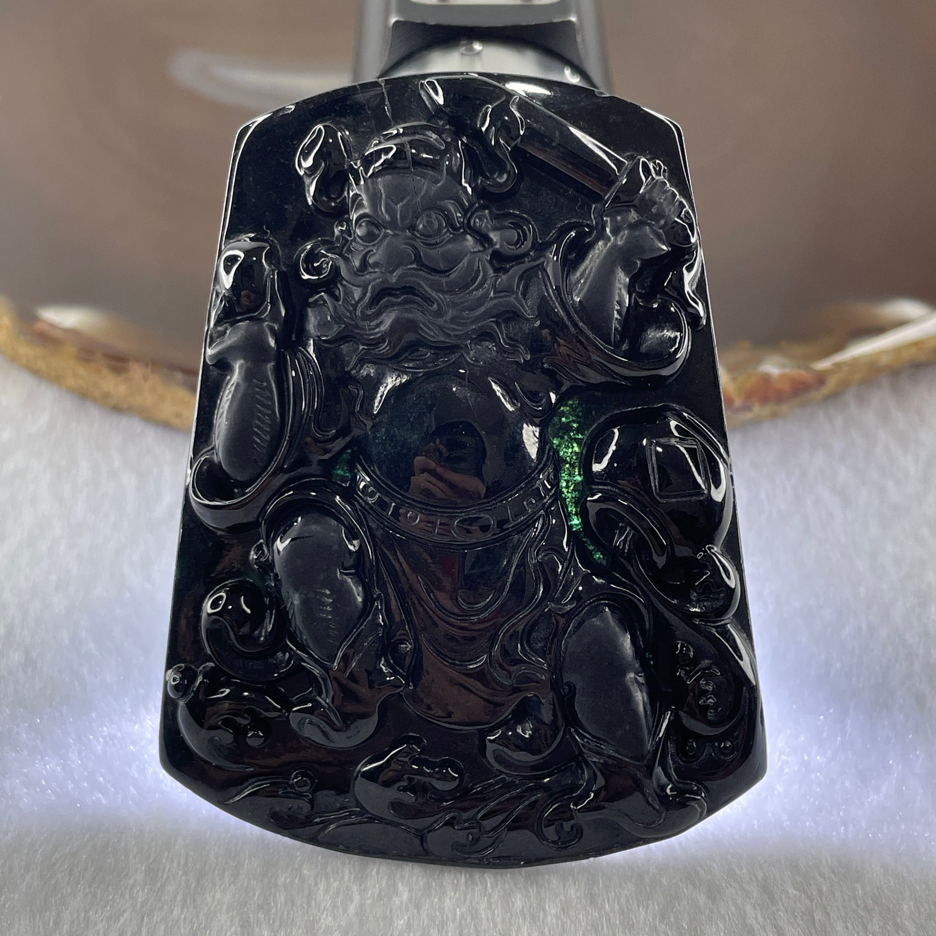 Type A Opaque to Partial Translucent Black Omphacite Jadeite Zhong Kui Pendant 37.41g 64.9 by 49.5 by 8.8mm - Huangs Jadeite and Jewelry Pte Ltd