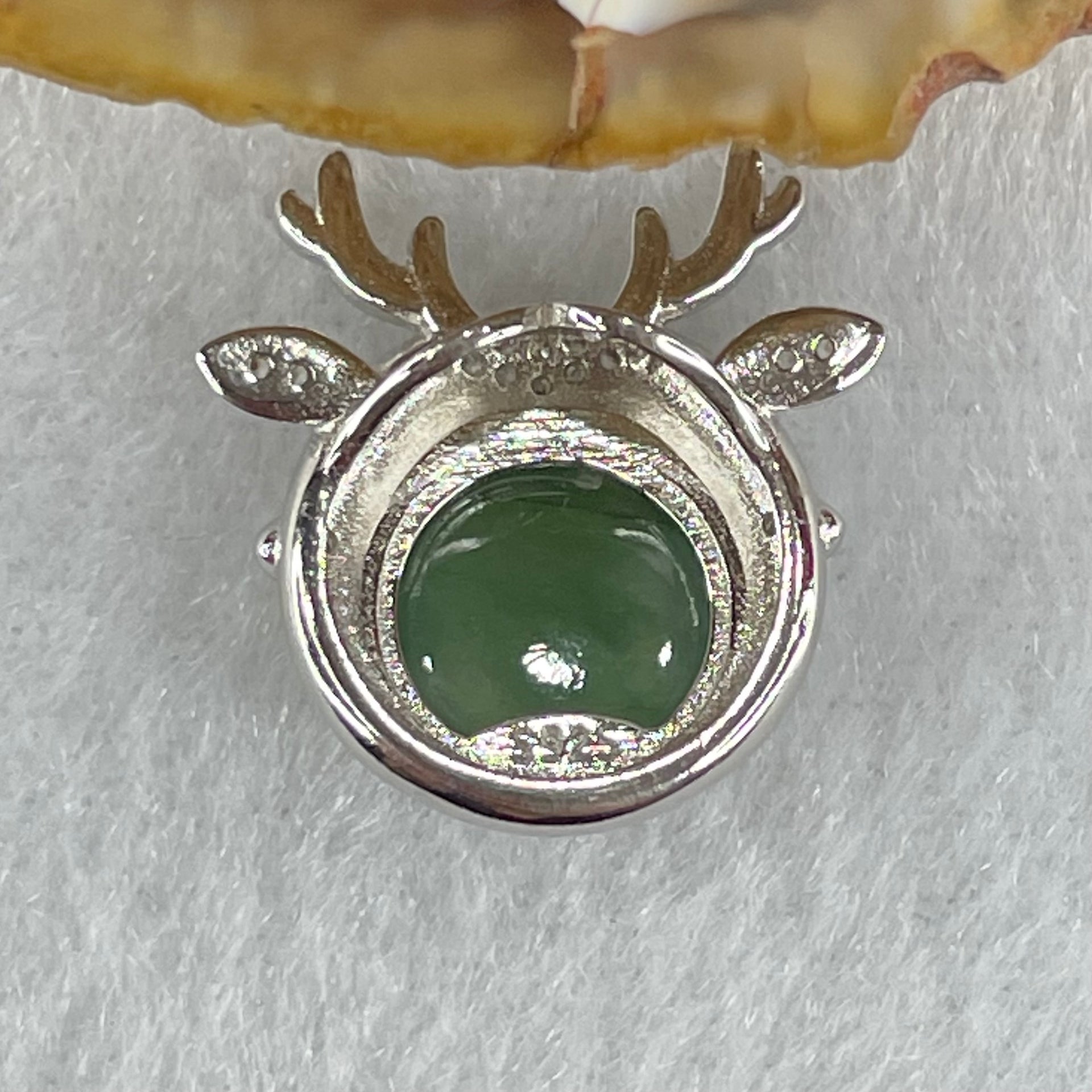 Type A Semi Icy Blueish Green Jadeite in S925 Sliver Reindeer with Crystal Charm 2.73g 9.5 by 4.5mm - Huangs Jadeite and Jewelry Pte Ltd