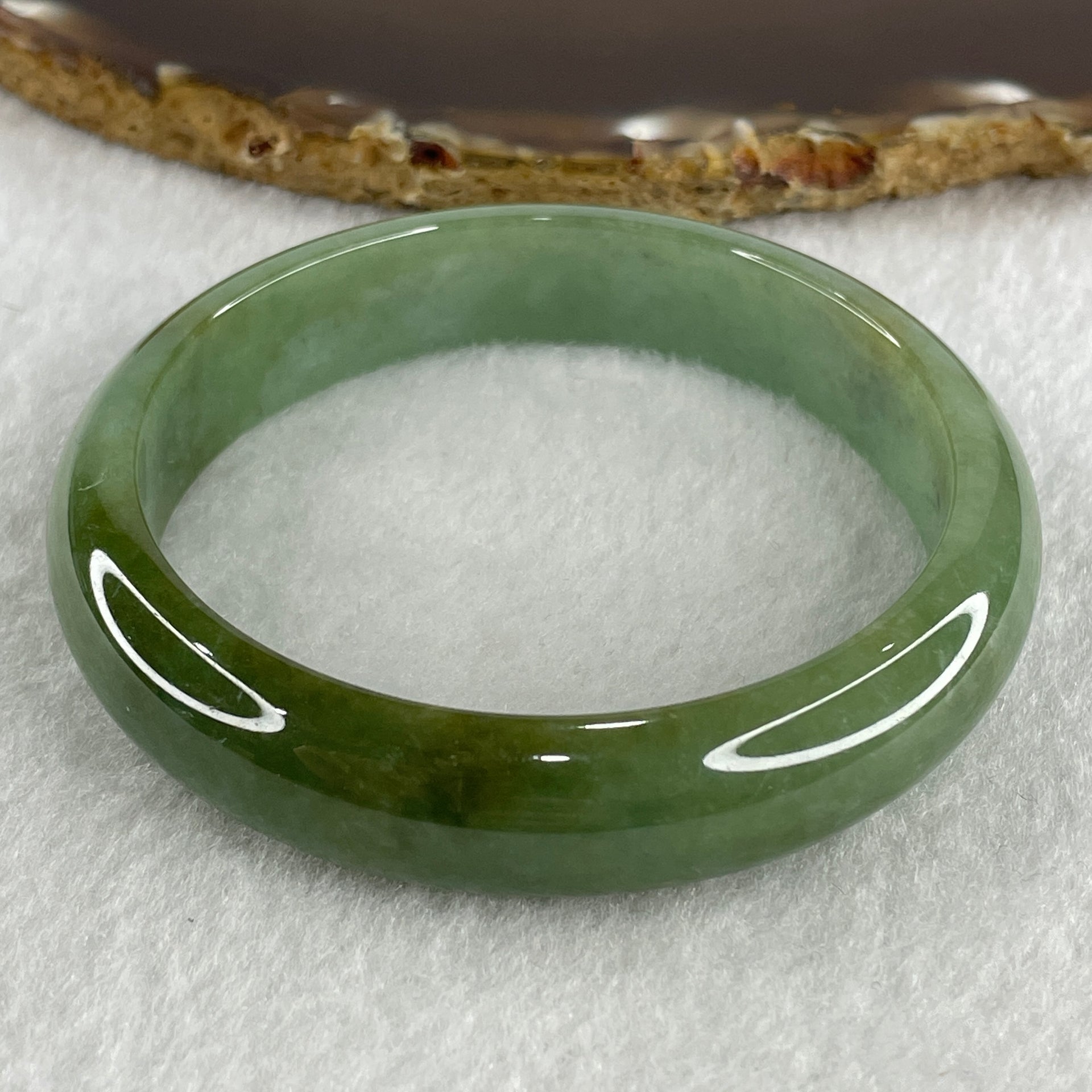 Type A Natural Jelly Green with Brownish Piao Hua Jadeite Bangle 49.14g Inner Diameter 57.2mm 13.1 by 7.3mm (Close to Perfect) - Huangs Jadeite and Jewelry Pte Ltd