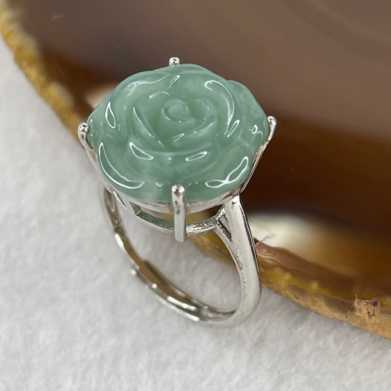 Natural Type A Jelly Green Jadeite Flower Ring in S925 Sliver 3.64g 14.7 by 4.8mm (Adjustable Size)