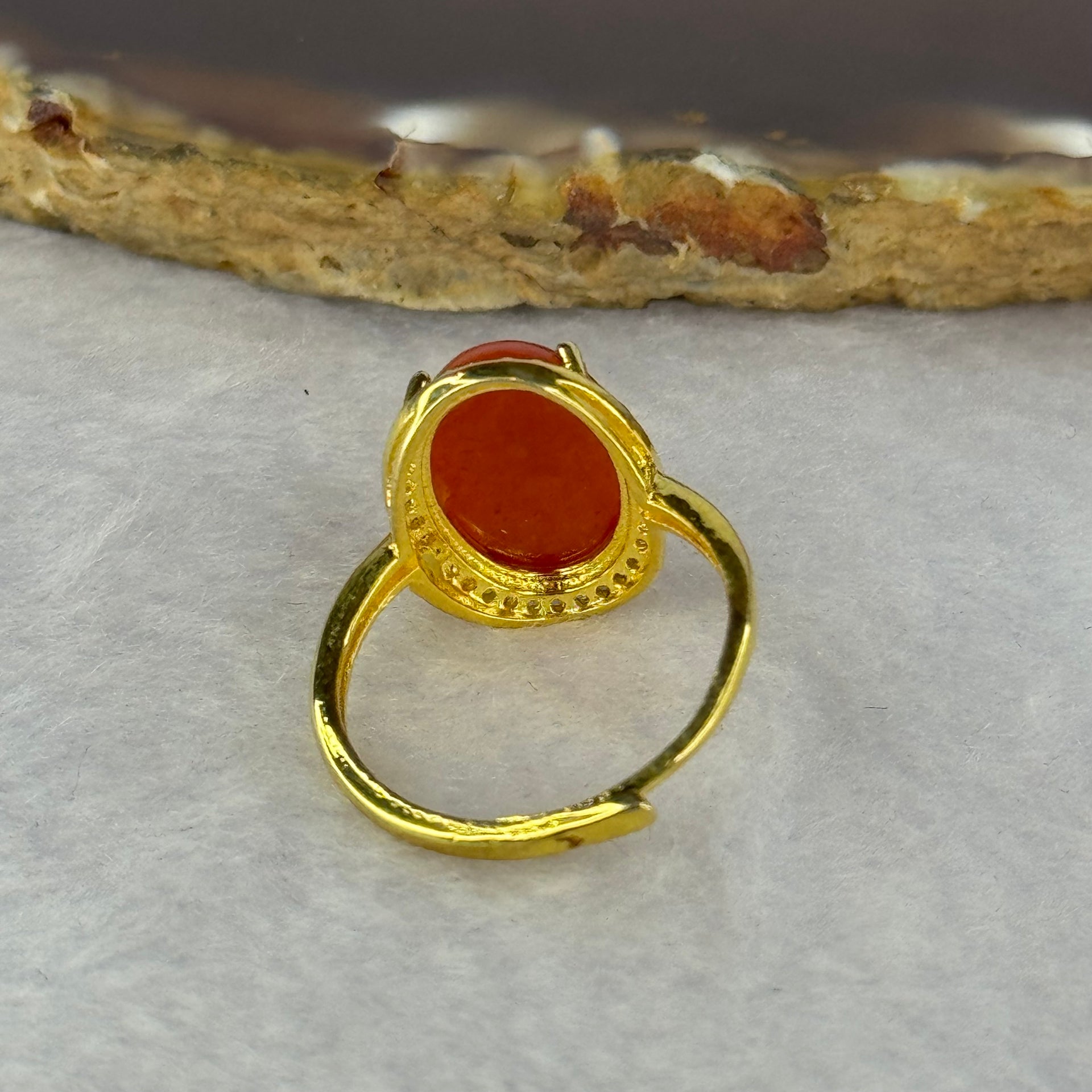 Natural Red Cinnabar in S925 Silver with Gold Color Ring (Adjustable Size) 红朱砂925银戒指 3.13g 13.2 by 10.2 by 6.5mm - Huangs Jadeite and Jewelry Pte Ltd