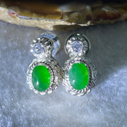Type A Natural Full Old Mine Spicy Green Jadeite Cabochon 8.0 by 5.8 by 3.0mm Stone for Setting 17.46g (On Silver Earrings Mold) - Huangs Jadeite and Jewelry Pte Ltd