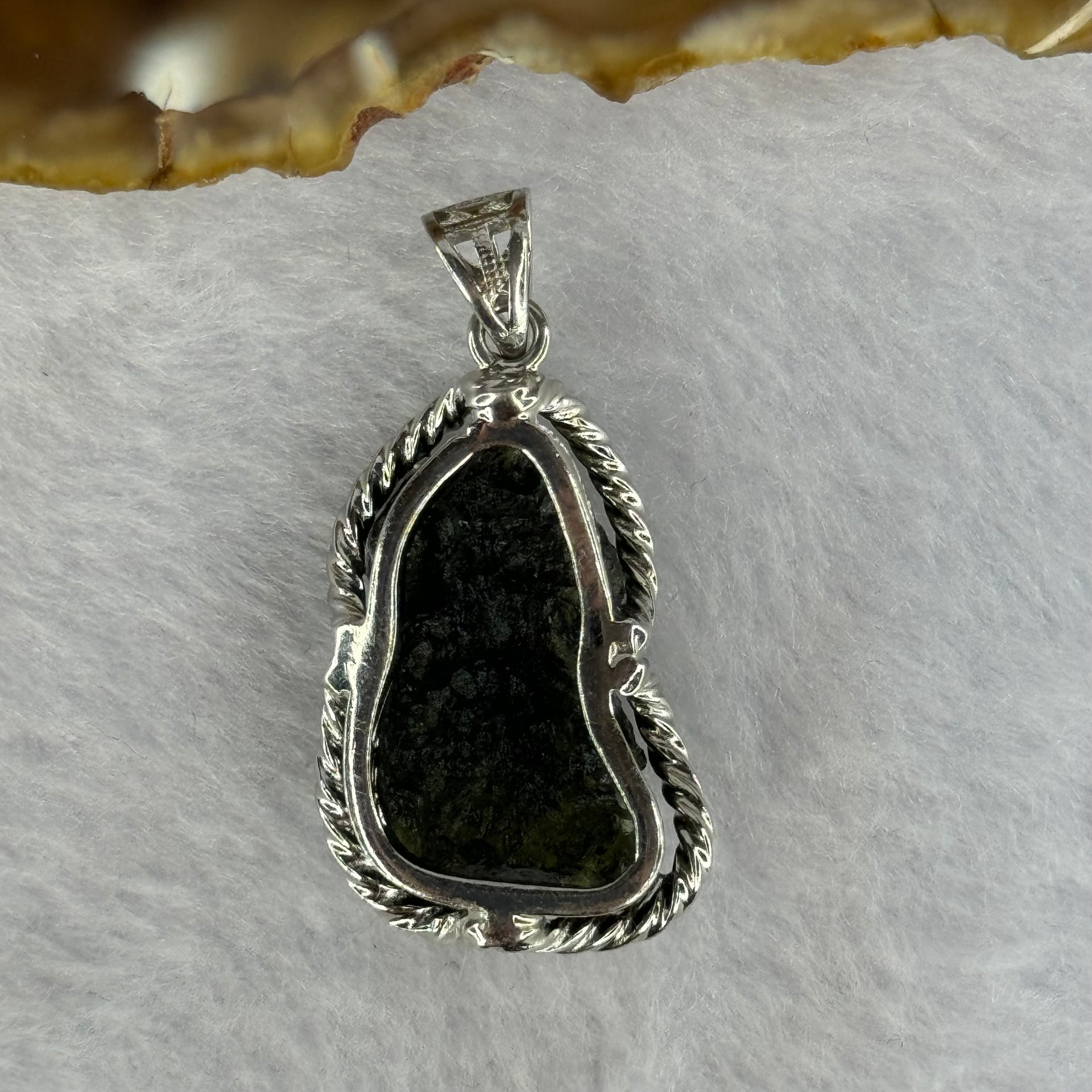 Natural Czech Republic Moldavite Meteorite Crystal in S925 Sliver Pendent 天然捷克陨石925银牌 7.04g 23.6 by 13.3 by 8.0mm - Huangs Jadeite and Jewelry Pte Ltd
