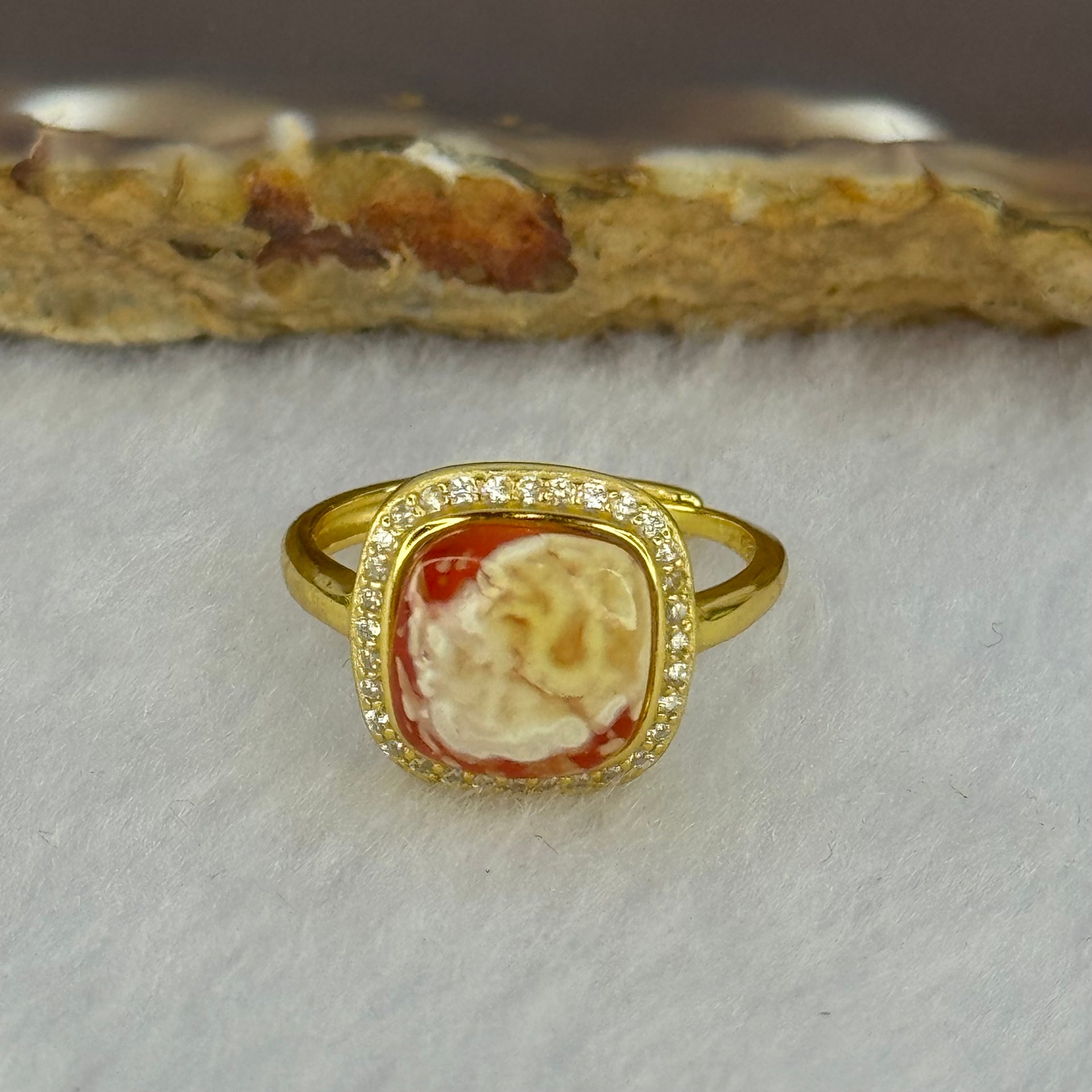 Natural Honey Yellow Amber with Milk Inclusions in S925 Sliver Gold Color Ring (Adjustable Size) 2.32g 9.7 by 9.0 by 4.0mm - Huangs Jadeite and Jewelry Pte Ltd