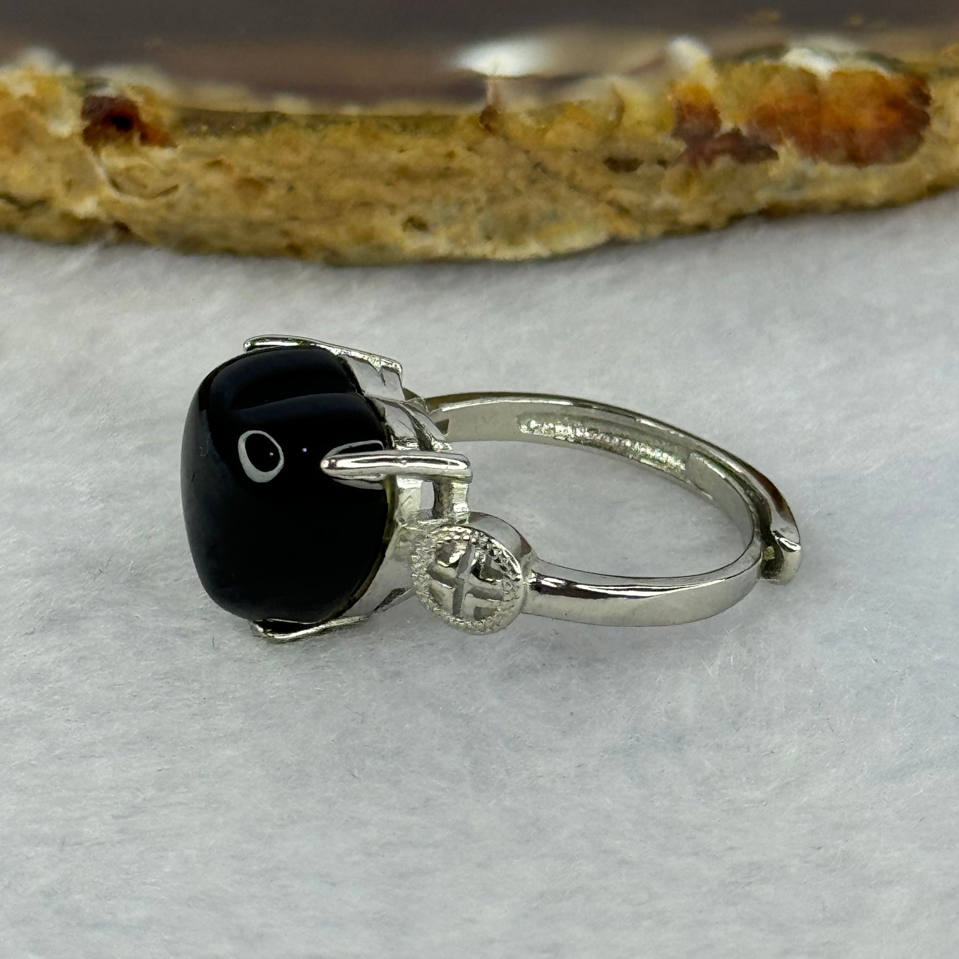Natural Black Obsidian in S925 Sliver Ring (Adjustable Size) 3.47g 12.2 by 11.5 by 7.1mm - Huangs Jadeite and Jewelry Pte Ltd