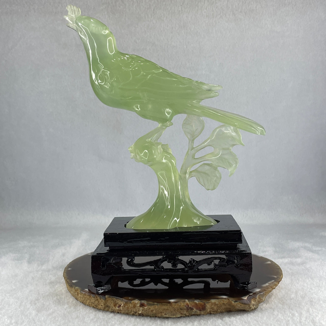 Natural Green Serpentine Bird on Plant with Wooden Stand Display 361.9g 150.0 by 80.0 by 180.0mm - Huangs Jadeite and Jewelry Pte Ltd