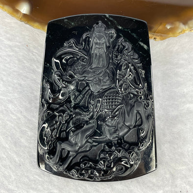 Type A Partial Translucent Black Omphasite Jadeite Guan Gong on Champion Stallion Pendent A货部分半透明黑色绿柱石翡翠关公冠军种马吊坠 29.30g 59.9 by 42.9 by 7.8 mm - Huangs Jadeite and Jewelry Pte Ltd