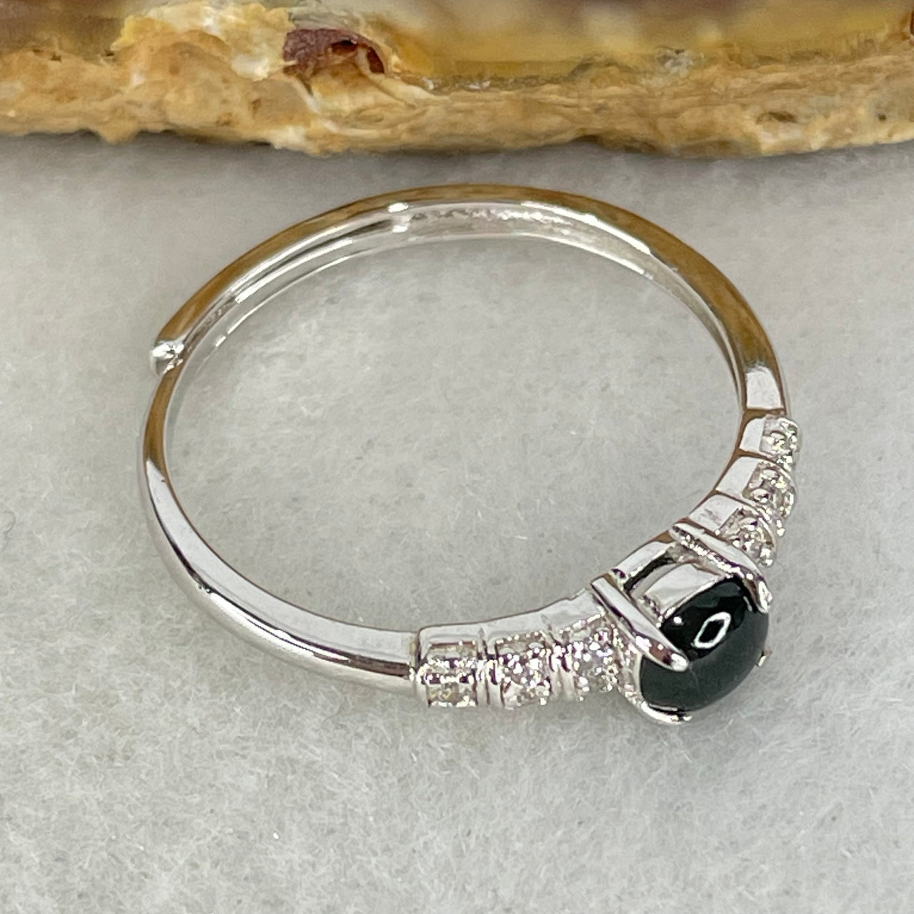 Type A Dark Green Cabochon Jadeite in S925 Sliver Ring (Adjustable Size) 1.22g 4.3 by 2.0mm - Huangs Jadeite and Jewelry Pte Ltd