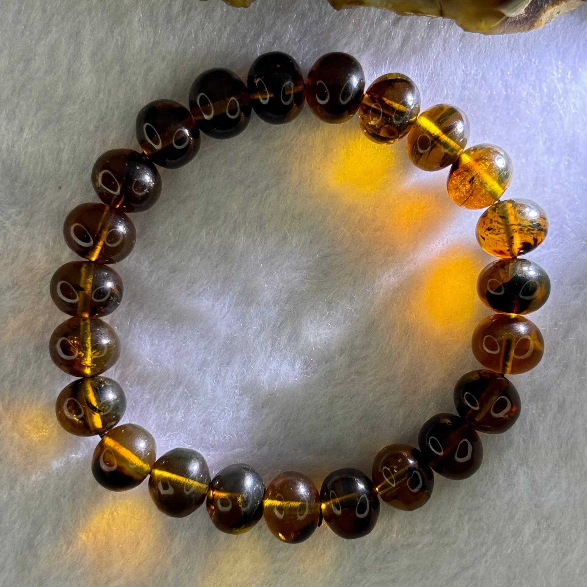 Natural Dark Brownish Yellow Flower Amber Beads Bracelet 天然顺琥珀手链 12.50g 17cm 10.7mm 23 Beads - Huangs Jadeite and Jewelry Pte Ltd