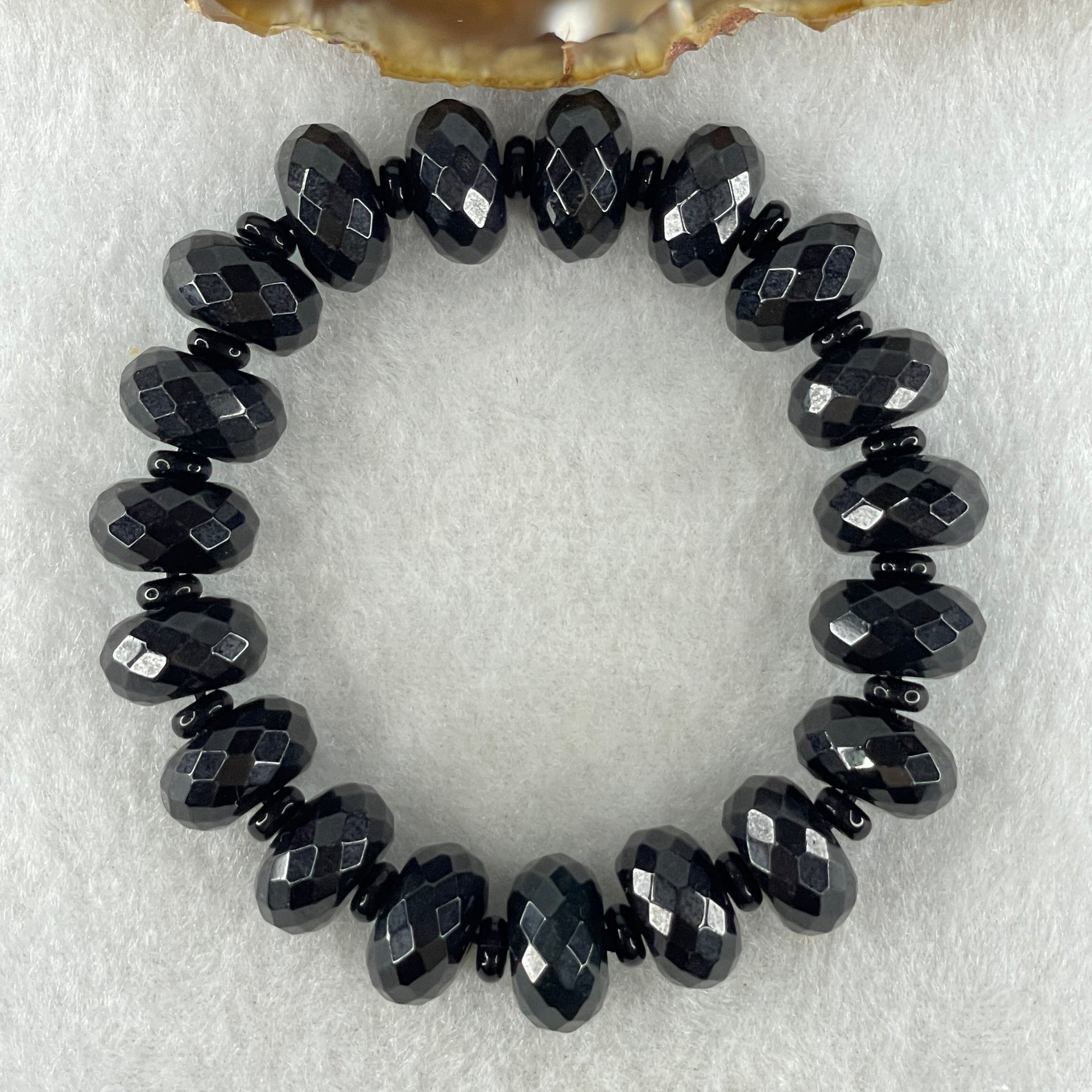 Type A Opaque Black Omphacite Jadeite Faceted Donut Ping An Kou Shape Beads Bracelet 59.39g 15cm 14.3mm 19 Beads - Huangs Jadeite and Jewelry Pte Ltd