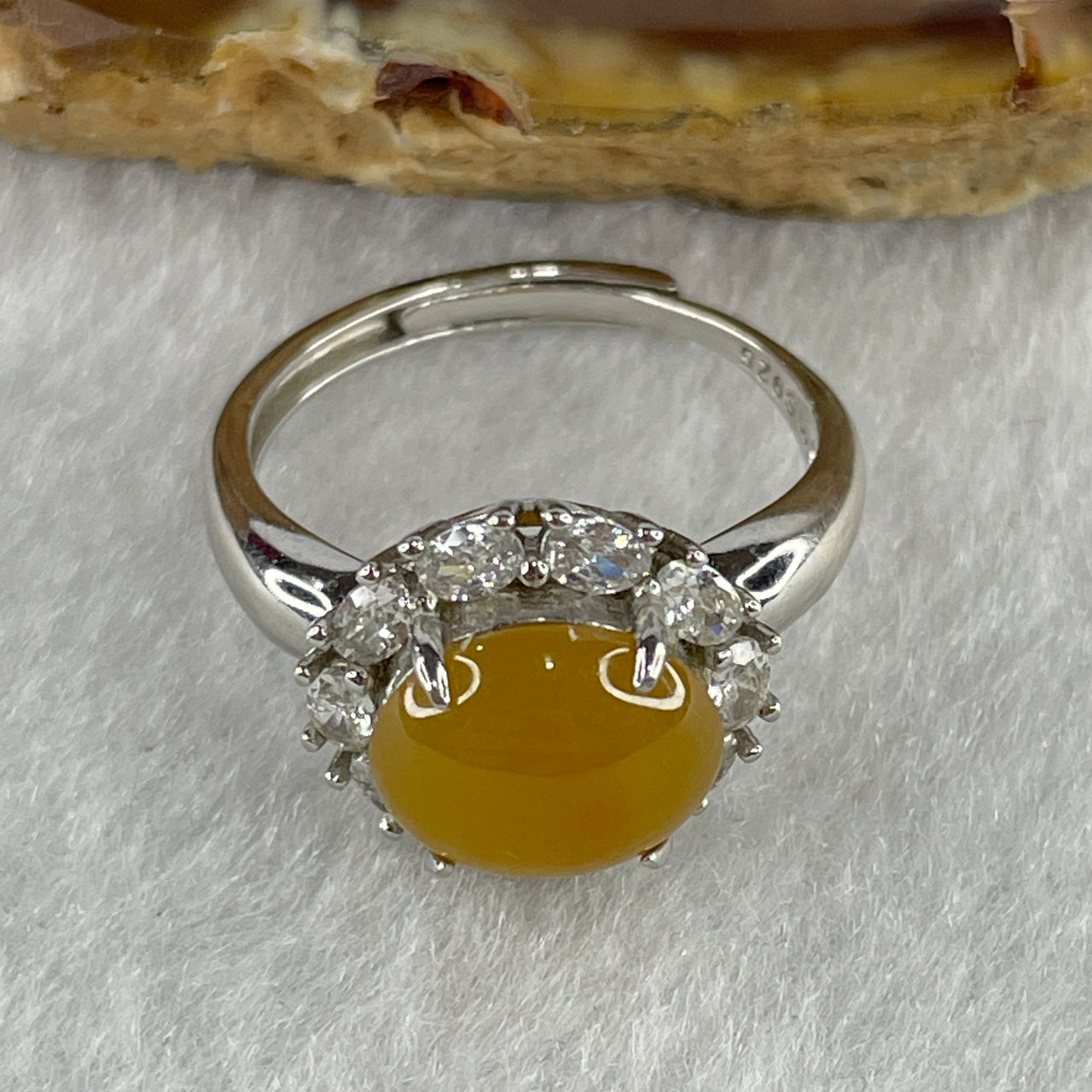 Certified Natural Type A Yellow Jadeite Round Shape Cabouchon with Cubic Zirconia in S925 Silver Ring (Adjustable Size) 3.23g 8.7 by 9.7mm 4.0mm