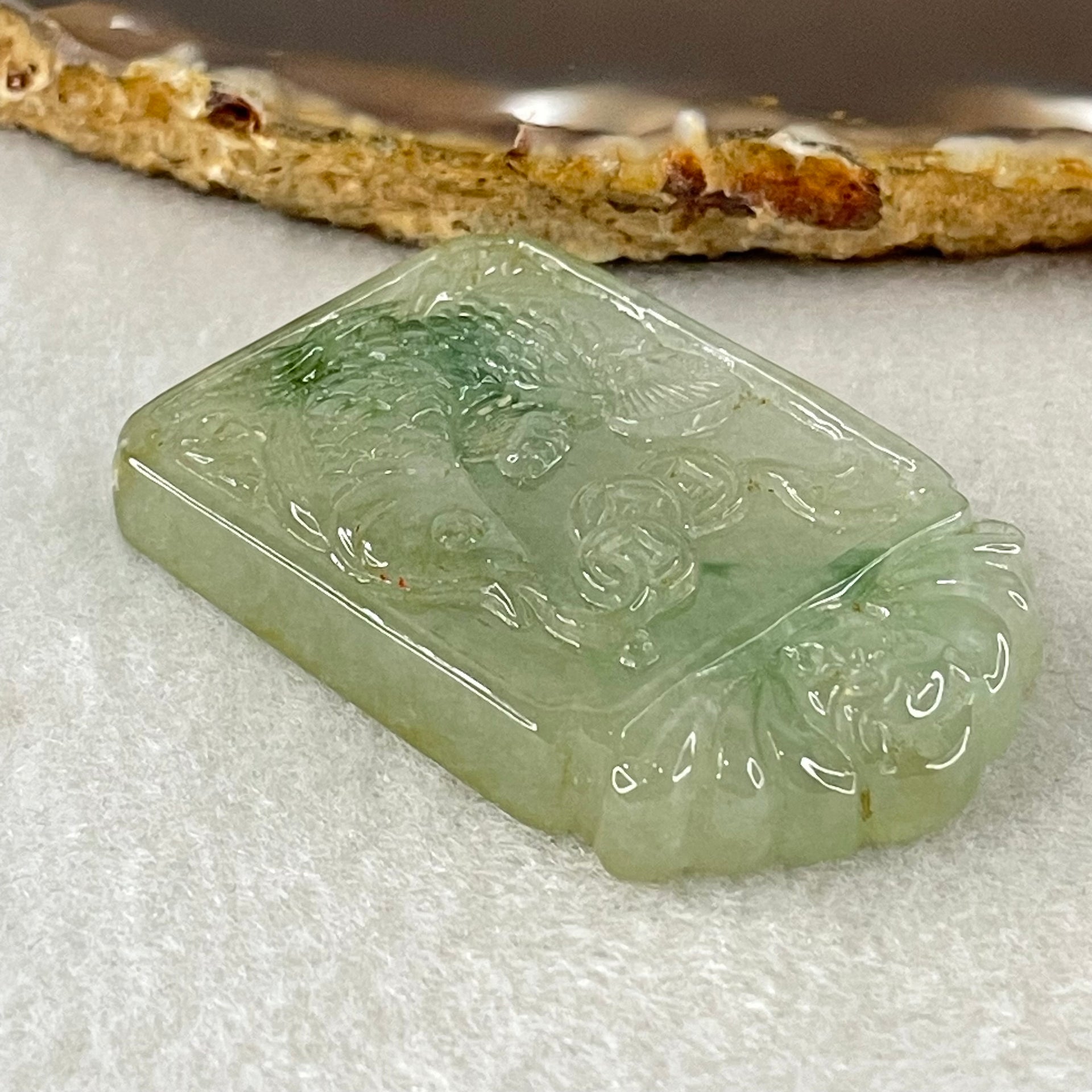 (Pre-Love) Lotus on Water by Yun Long Zi Type A Semi Icy Light Green with Green Piao Hua Jadeite Arona Fish with Bat and Coins 30.46g 48.9 by 31.6 by 7.9mm with Full Original Box Set - Huangs Jadeite and Jewelry Pte Ltd