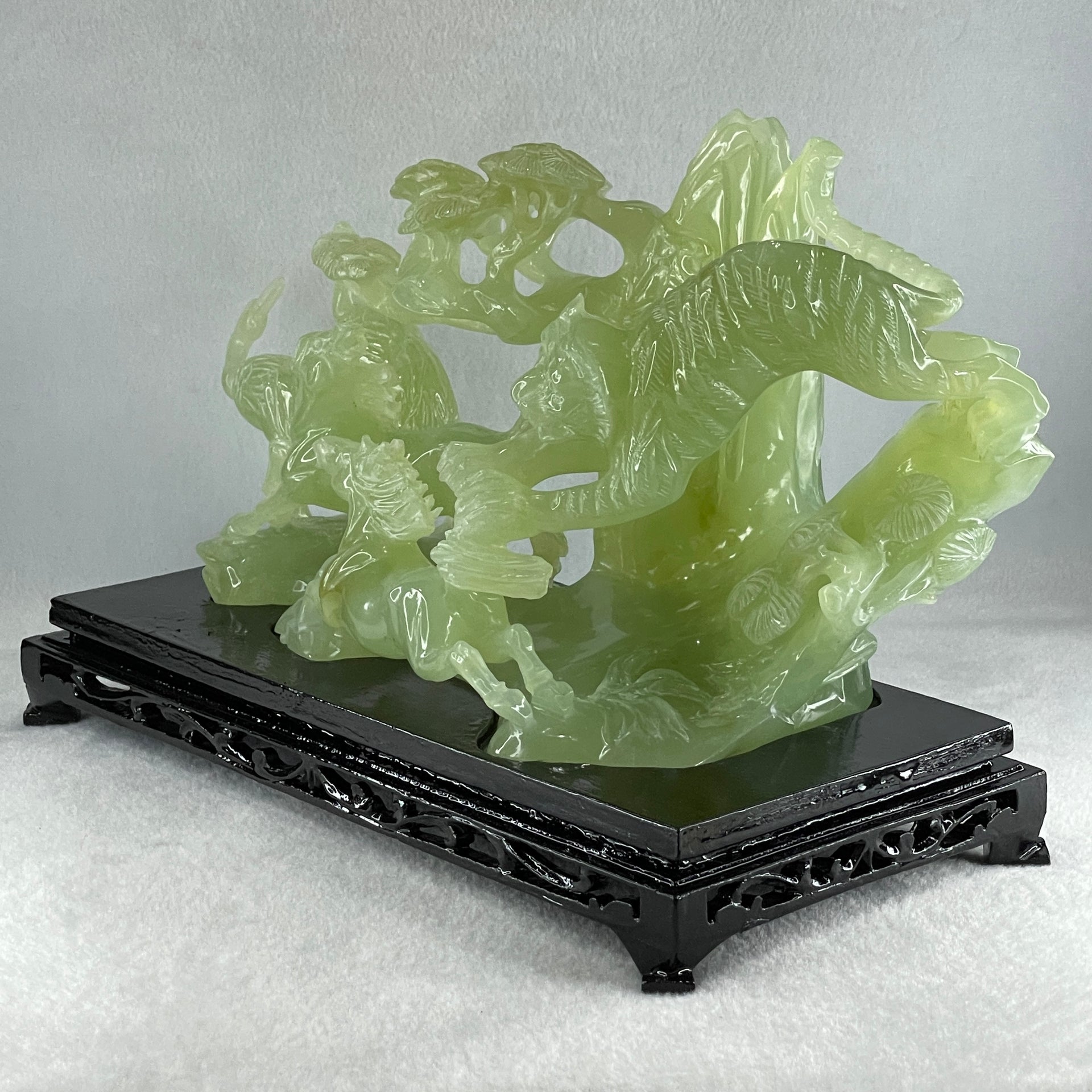 Natural Jelly Green Serpentine Tiger with Double Horse and Twin Flamingo on Shan Shui with Wooden Stand Display 2,362.7g 295.0 by 148.0 by 206.0mm - Huangs Jadeite and Jewelry Pte Ltd