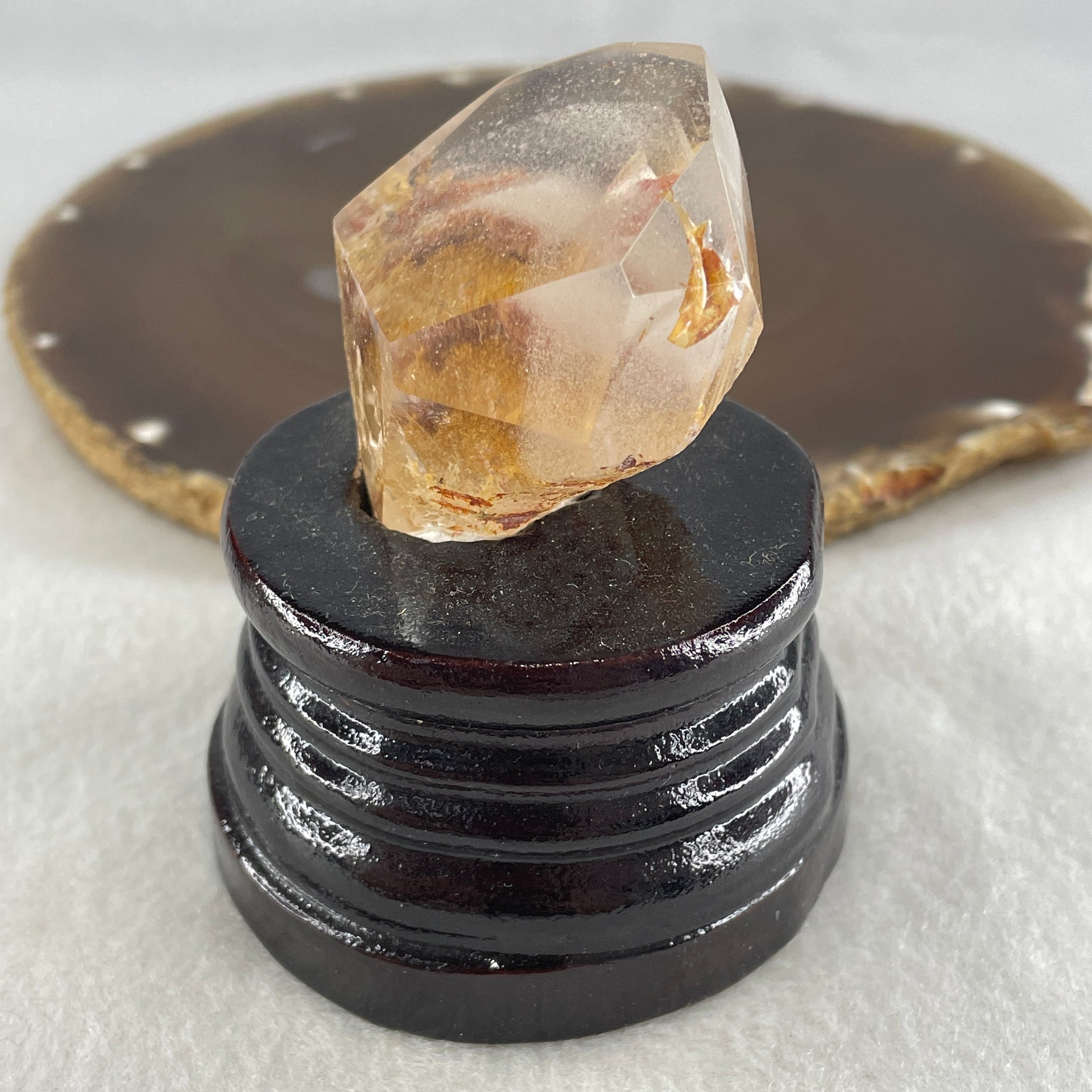 Natural Ferruginous Quartz Display with Wooden Stand 118.2g 62.8 by 60.4 by 737.mm - Huangs Jadeite and Jewelry Pte Ltd