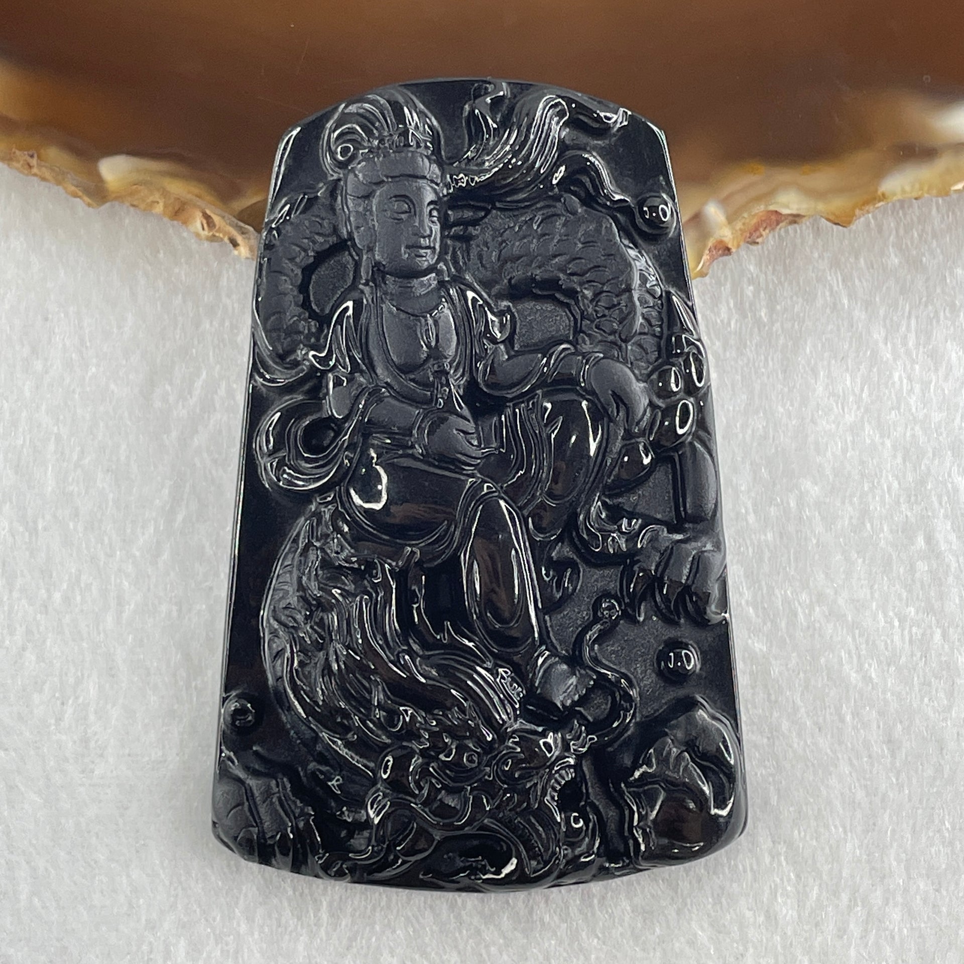Type A Opaque Black Omphacite Jadeite Guan Yin on Dragon Pendant 36.54g 66.7 by 43.5 by 8.0mm - Huangs Jadeite and Jewelry Pte Ltd