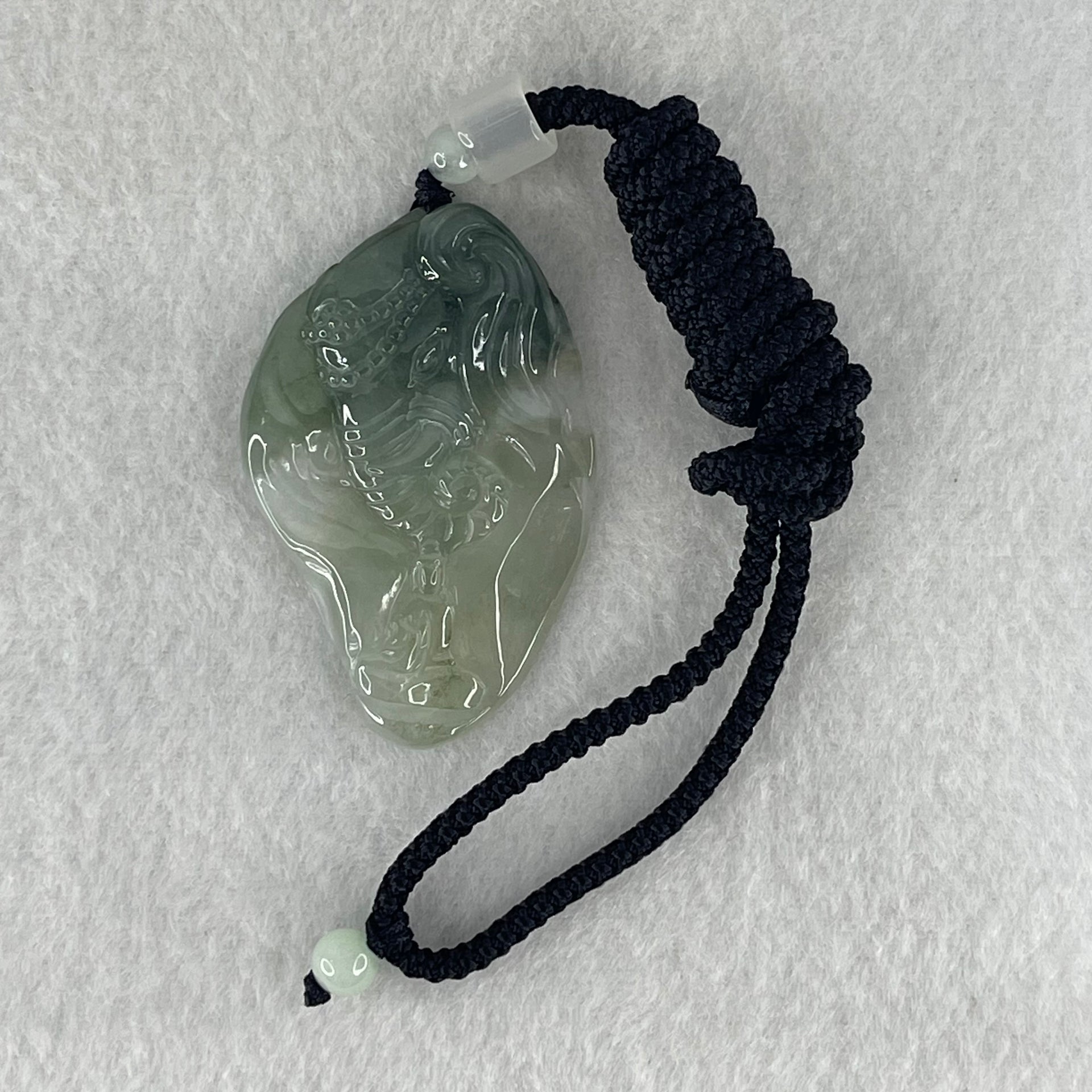 Type A Semi Icy Blueish Green  Jadeite Guan Yin and Elephant Samantabhadra Bodhisattva Pendant 21.65g 51.8 by 33.7 by 7.9mm - Huangs Jadeite and Jewelry Pte Ltd