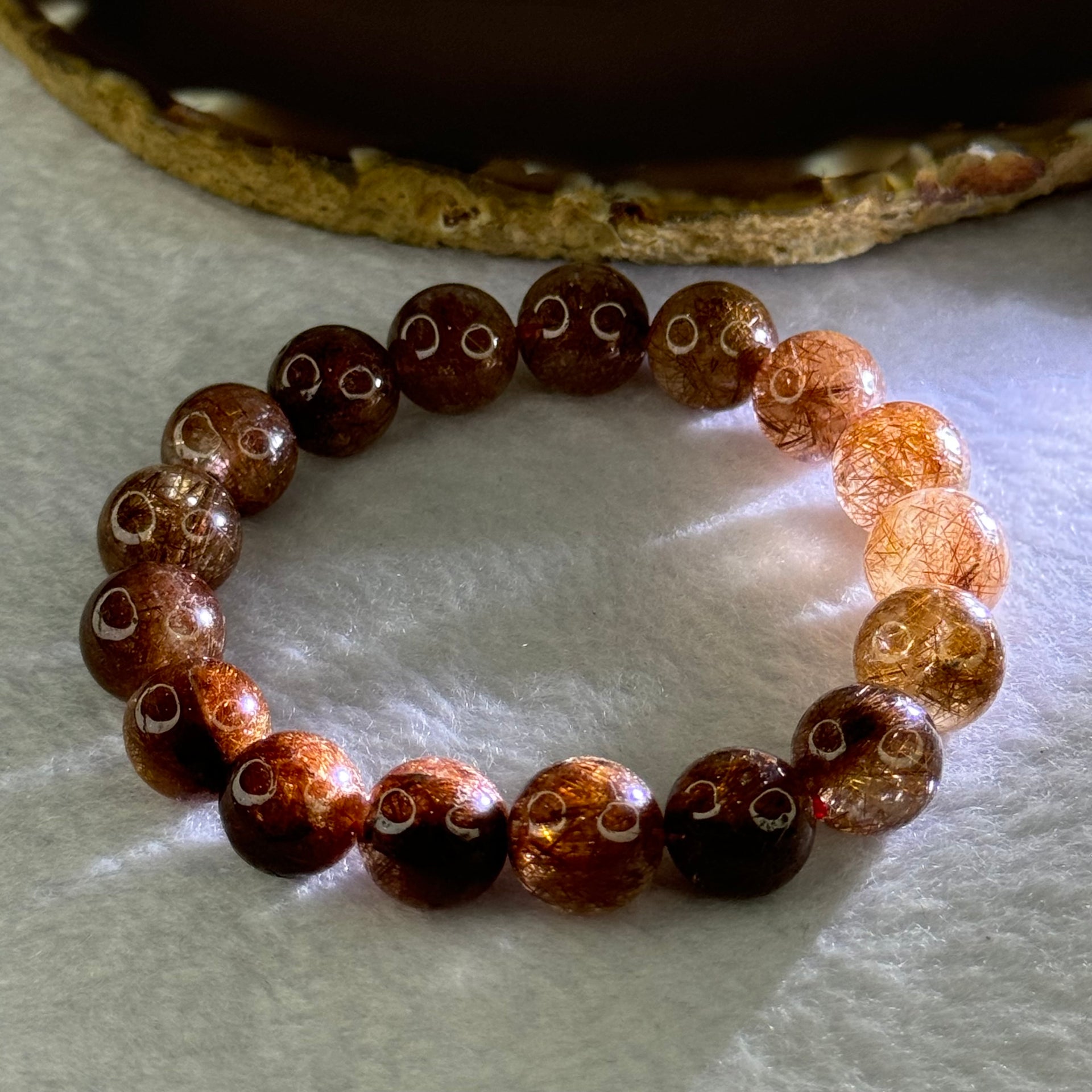 Natural Copper Rutilated Quartz Beads Bracelet 天然銅髮晶手镯 38.12g 17cm 12.1mm 17 Beads - Huangs Jadeite and Jewelry Pte Ltd