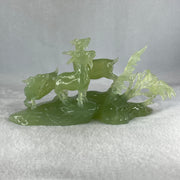 Natural Green Serpentine 3 Goat on Grassland with Wooden Stand Display 913.3g 215.0  by 102.2 by 130.0mm - Huangs Jadeite and Jewelry Pte Ltd