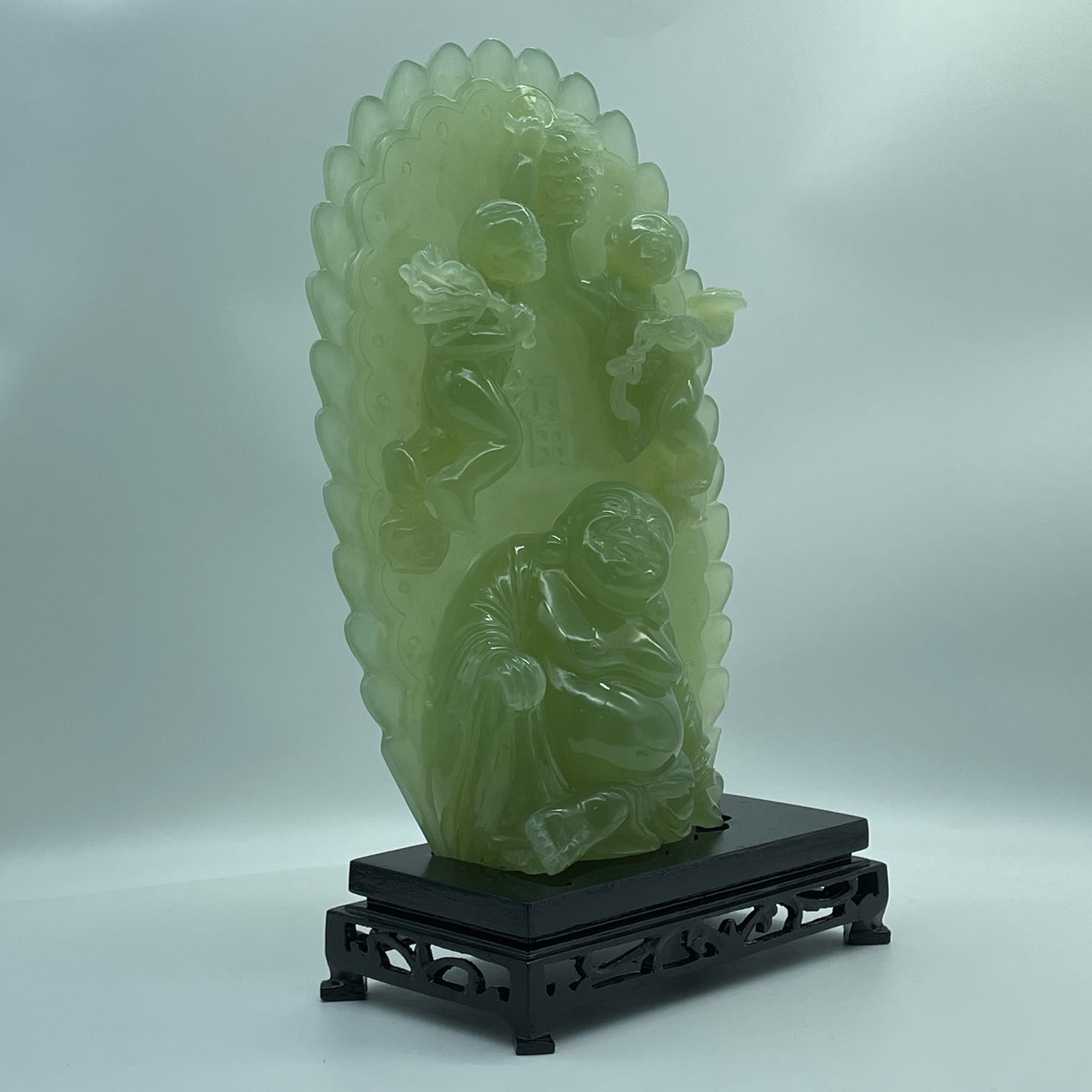 Natural Light Green Serpentine Milo Buddha with Jin Tong Yu Nu Jade Girl with Golden Boy with Grapes and Ruyi Display 3318.7g 190.0 by 110.0 by 330.0mm
