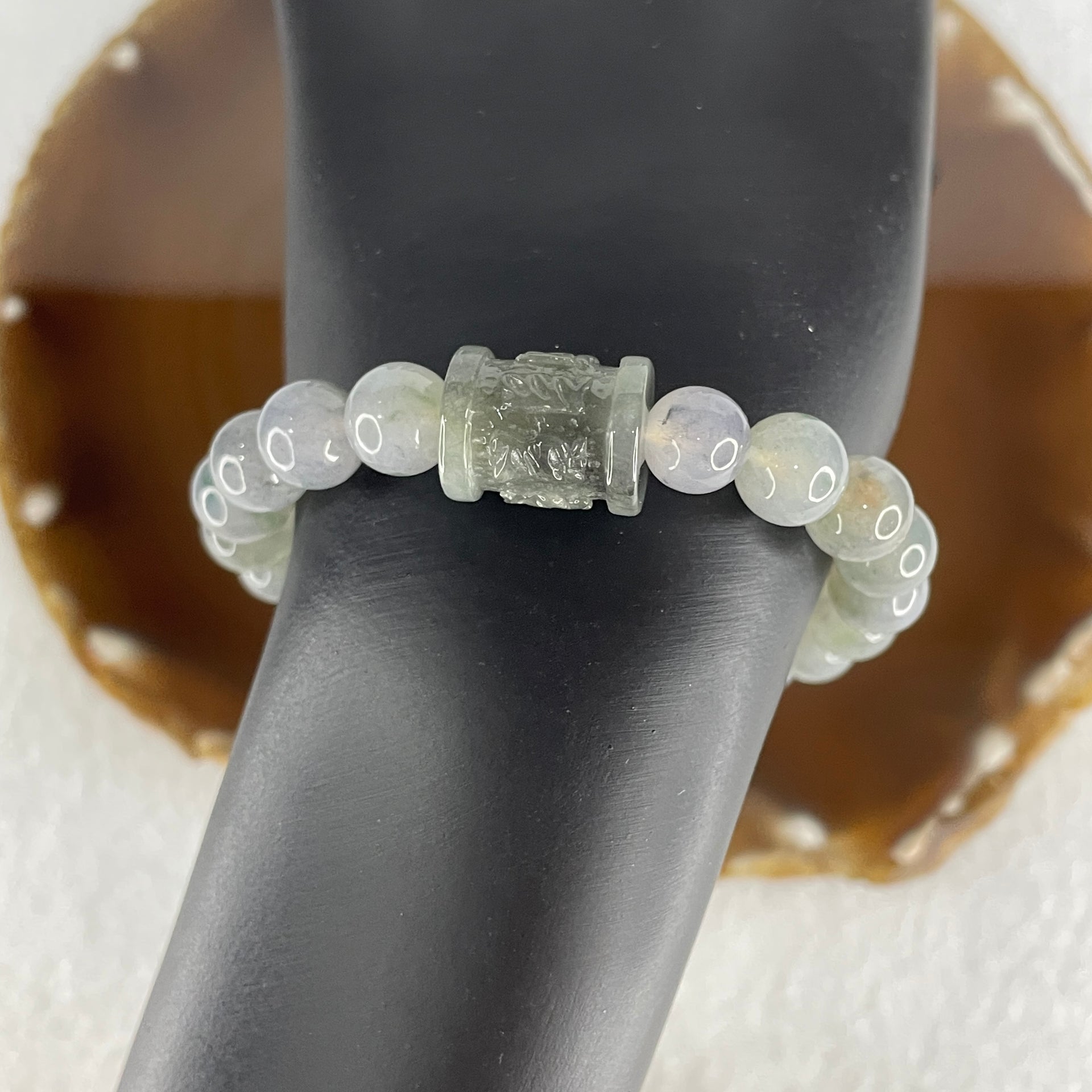 Certified Natural Type A Semi icy Wuyji Grey Jadeite Beads with Lulutong Charm Bracelet 25.45g 15cm 8.4mm 20 Beads - 14.5 by 11.8mm Lulutong - Huangs Jadeite and Jewelry Pte Ltd