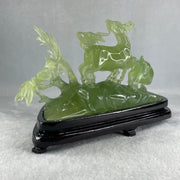 Natural Green Serpentine 3 Goat on Grassland with Wooden Stand Display 913.3g 215.0  by 102.2 by 130.0mm - Huangs Jadeite and Jewelry Pte Ltd