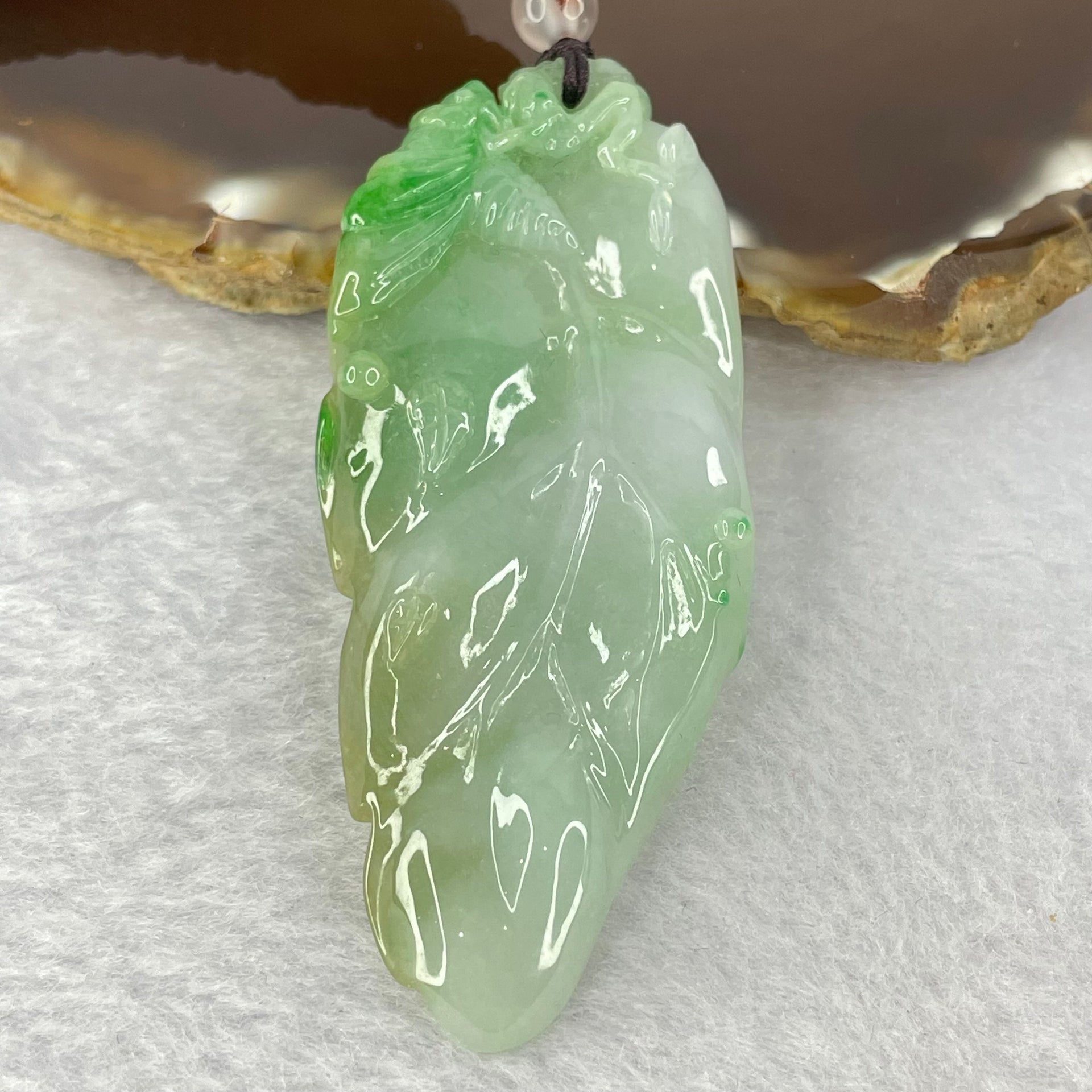 Type A Light Green with Green Jadeite Bee on Leaf Pendent 22.23g 67.2 by 27.8 by 7.0mm - Huangs Jadeite and Jewelry Pte Ltd