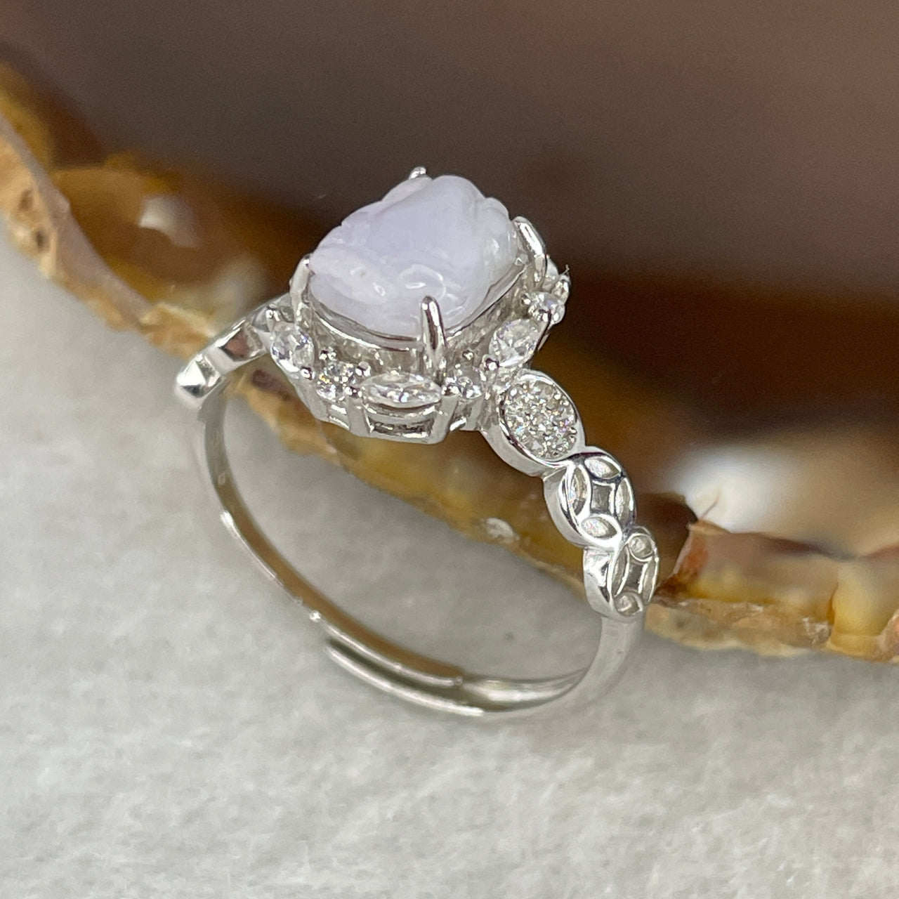 Type A Light Lavender Jadeite Money Frog Ring | Translucent Wealth-Attracting Jin Chan Carving | Solid S925 Sterling Silver Setting | Adjustable Sizing (2.36g 9.2x5.2x3.5mm)