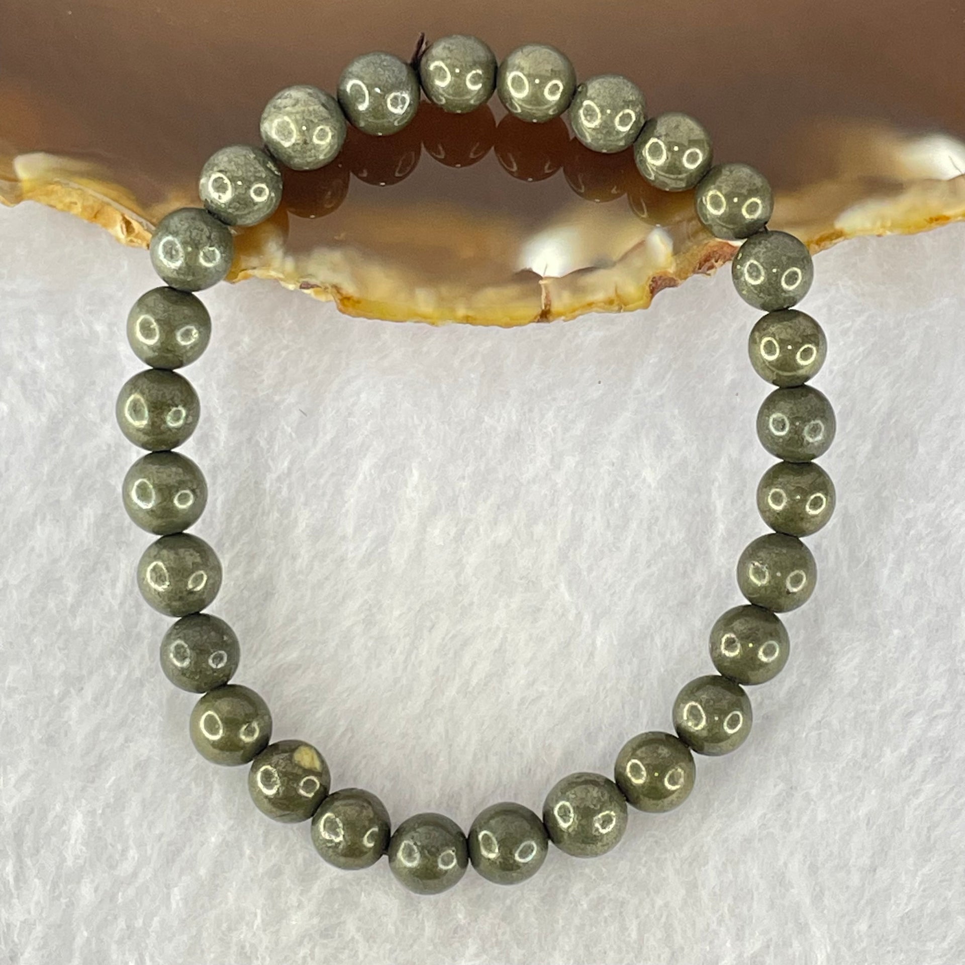 Natural Pyrite Beads Bracelet 天然黄铁矿手链 13.81g 15cm 6.6mm 28 Beads - Huangs Jadeite and Jewelry Pte Ltd