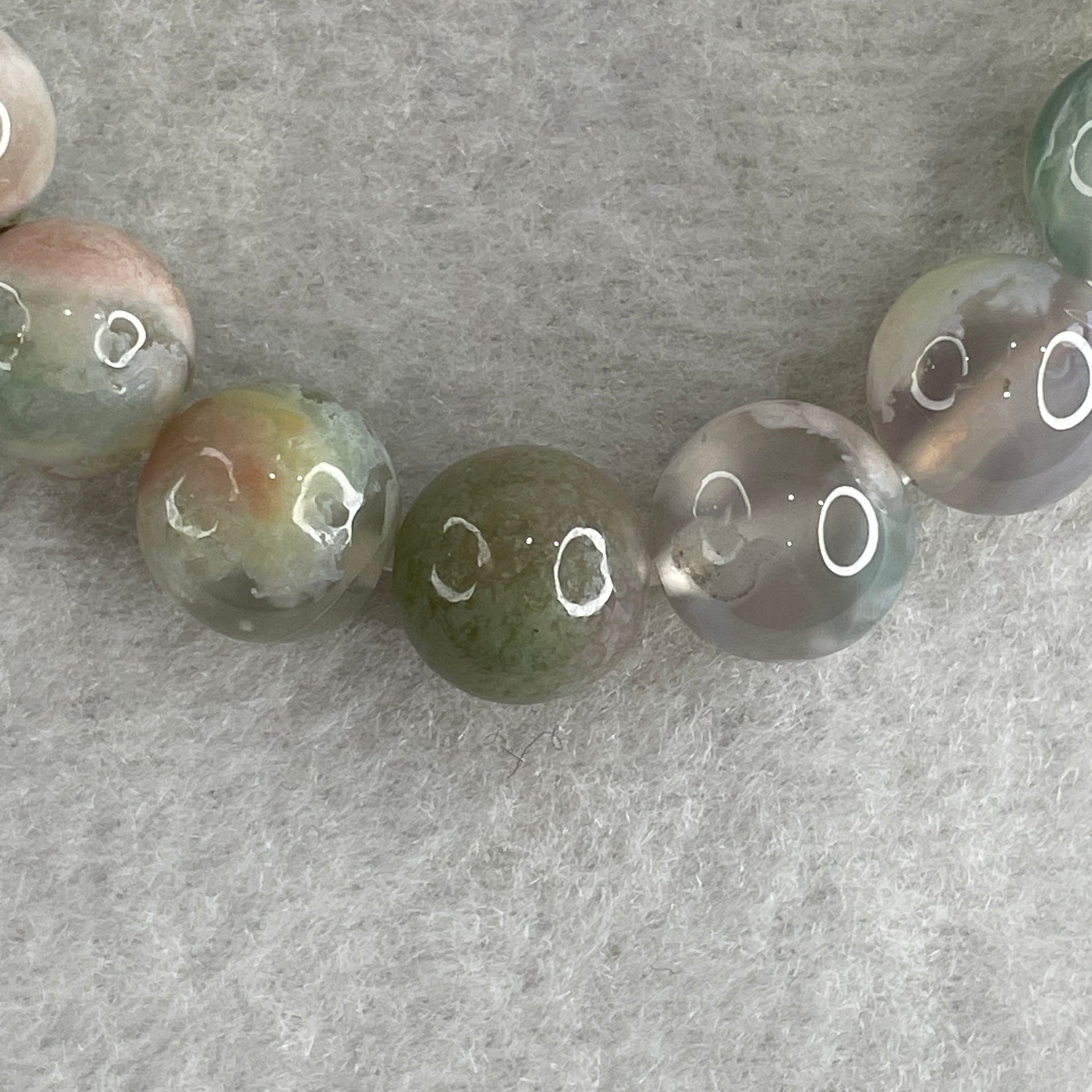 Natural Green with Pinkish Flower Agate Beads Bracelet 30.04g 16.5cm 10.8mm 19 Beads - Huangs Jadeite and Jewelry Pte Ltd