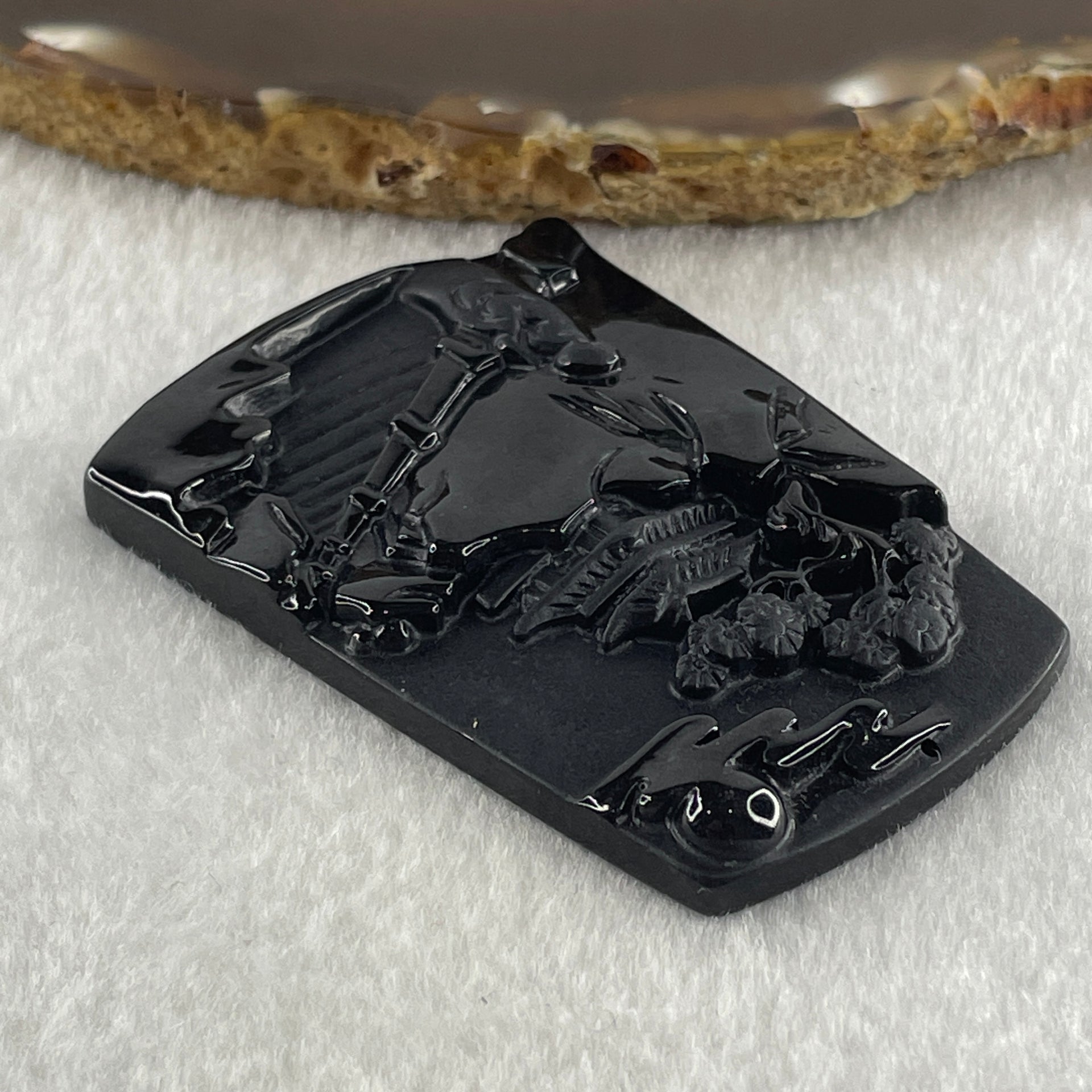 Type A Opaque to Partial Translucent Black Omphacite Jadeite Shan Shui with Guiren Benefactor Pendant 23.01g 60.5 by 42.6 by 6.2mm - Huangs Jadeite and Jewelry Pte Ltd