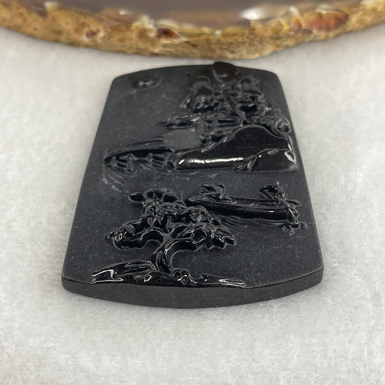 Certified Type A Opaque Black Omphacite Jadeite Shan Shui & Double Gui Ren Pendant | 61mm Natural Black Jade Mountain Water & Benefactor Talisman (18.00g | 61.0 x 41.9 x 6.5mm)