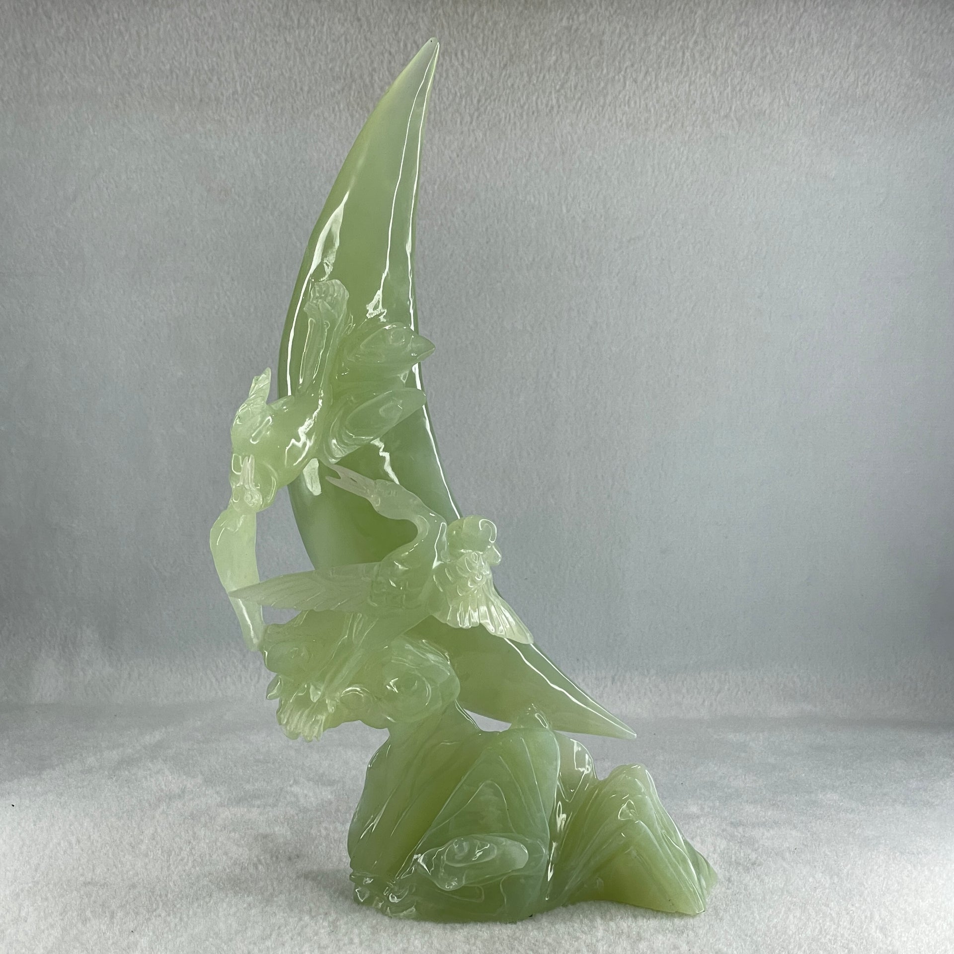 Natural Green Serpentine Twin Cranes on Mountain and Moon with Wooden Stand Display 804.7g H147.0 by B100.0 by H226.0mm - Huangs Jadeite and Jewelry Pte Ltd