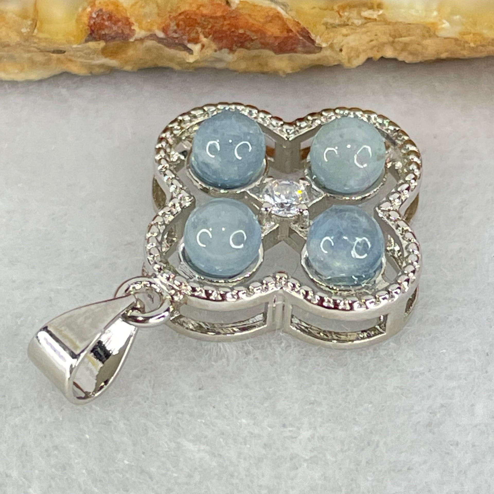 Above Average Grade Rare Natural Blue Dumortierite Rutilated Quartz in S925 Four Leaf Clover Pendant 2.22g 4.0mm 4pcs - Huangs Jadeite and Jewelry Pte Ltd